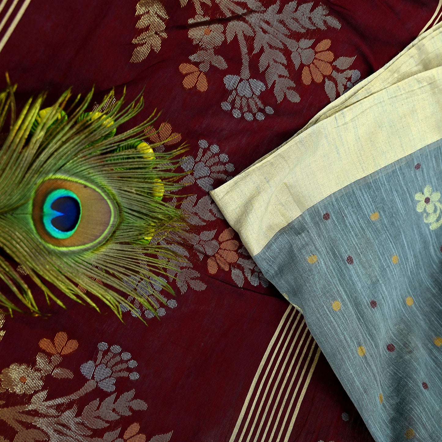 Indian Vintage Sari Gray & maroon Pure Cotton Hand Woven Sarees Craft Fabric 5yd Ethnic Crafting Upcycle Quilting Dress Making Fringes