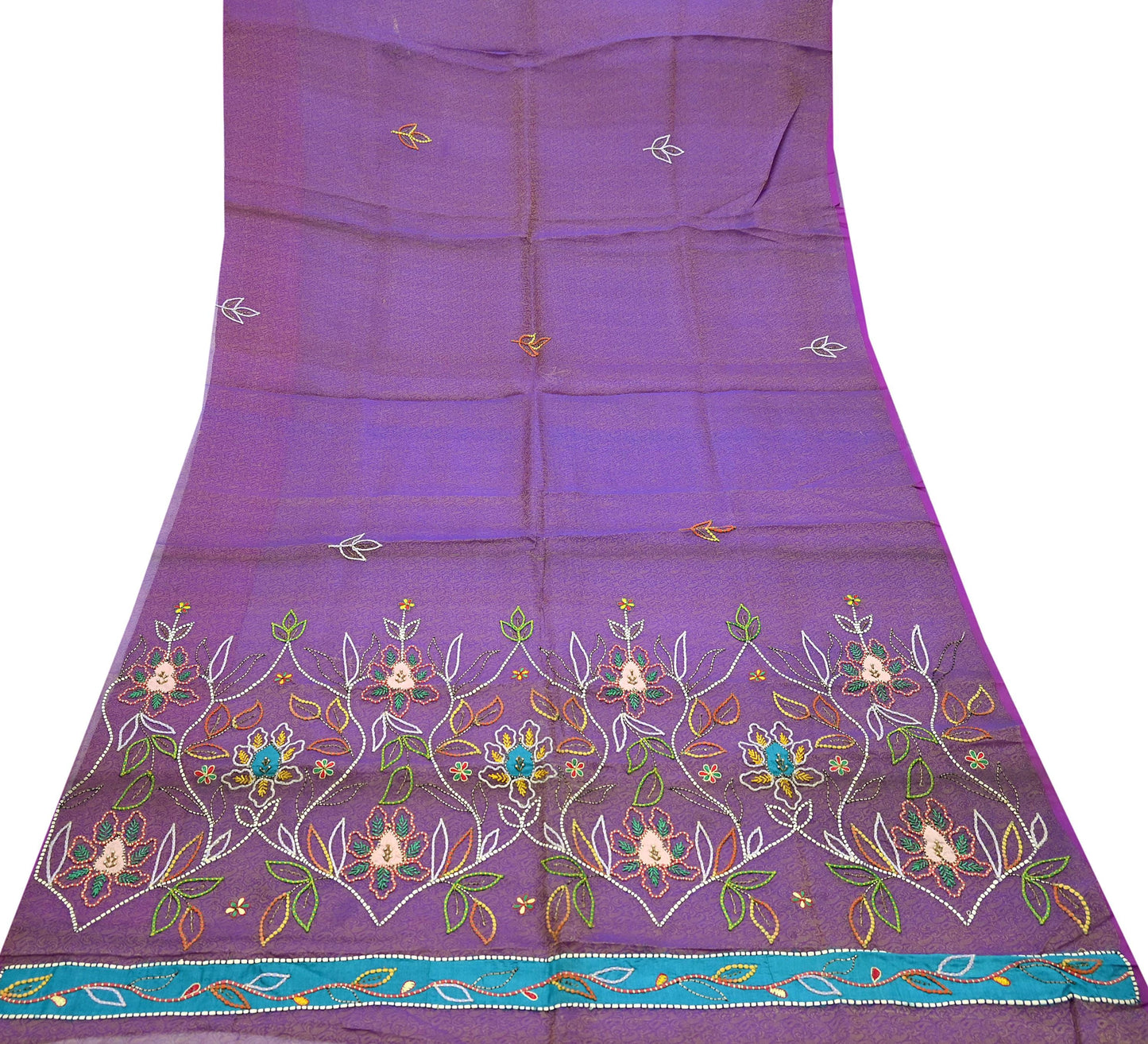 Indian Vintage Sari Purple Hand Embroidered Saree Pure Organza Silk Craft Fabric 5Yd Ethnic Dress Making Crafting Quilting