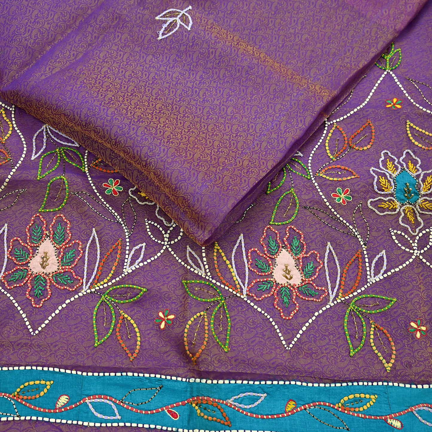 Indian Vintage Sari Purple Hand Embroidered Saree Pure Organza Silk Craft Fabric 5Yd Ethnic Dress Making Crafting Quilting