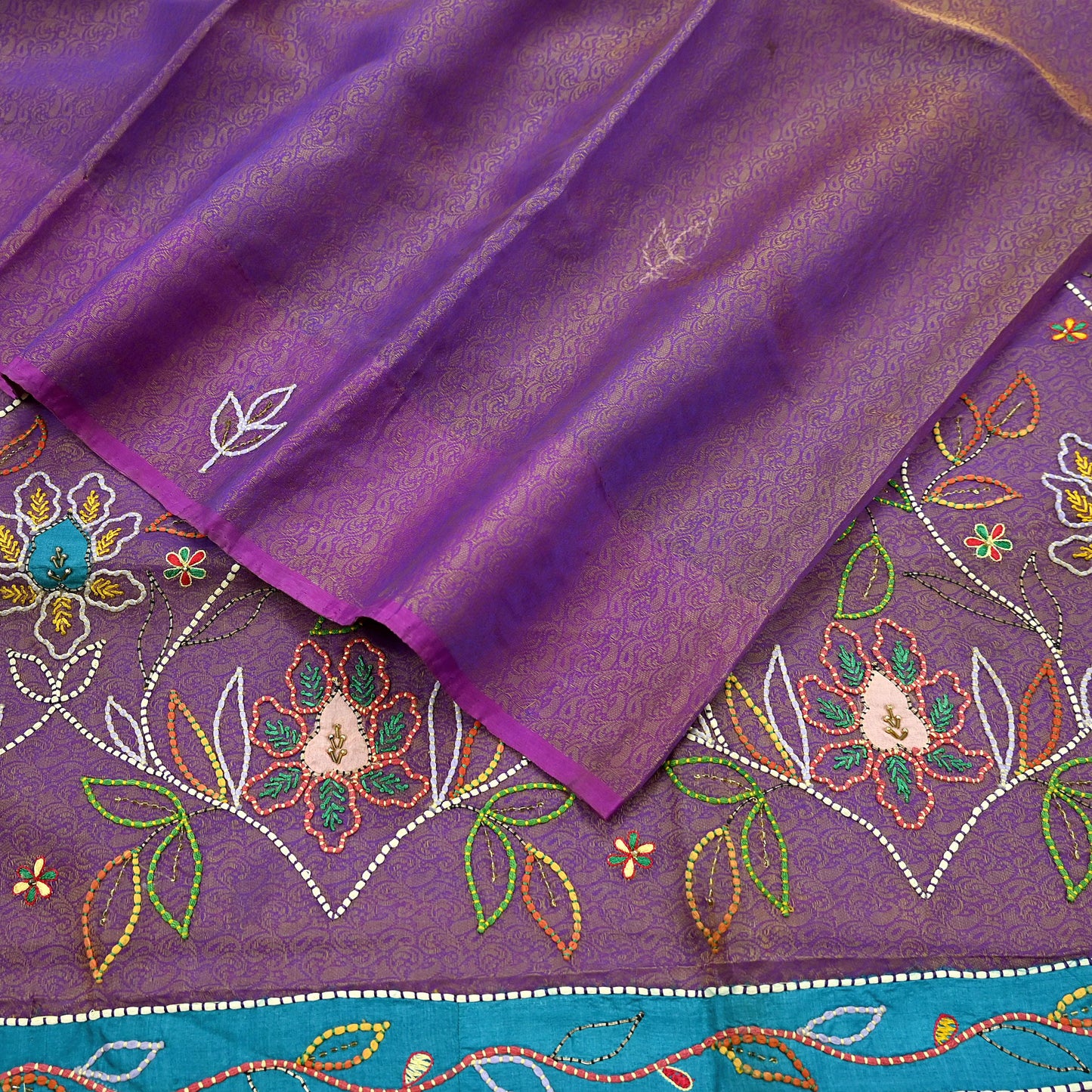 Indian Vintage Sari Purple Hand Embroidered Saree Pure Organza Silk Craft Fabric 5Yd Ethnic Dress Making Crafting Quilting