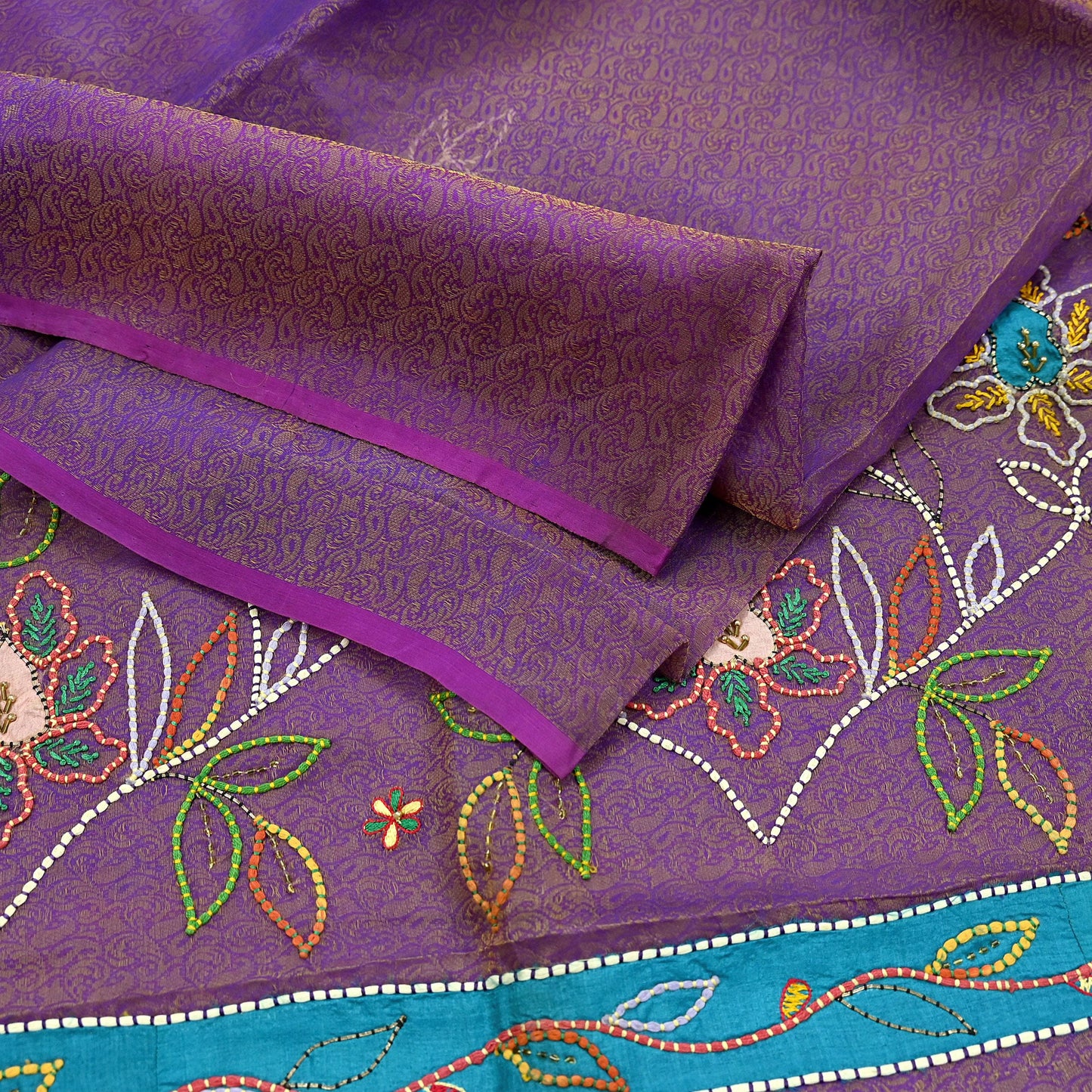 Indian Vintage Sari Purple Hand Embroidered Saree Pure Organza Silk Craft Fabric 5Yd Ethnic Dress Making Crafting Quilting