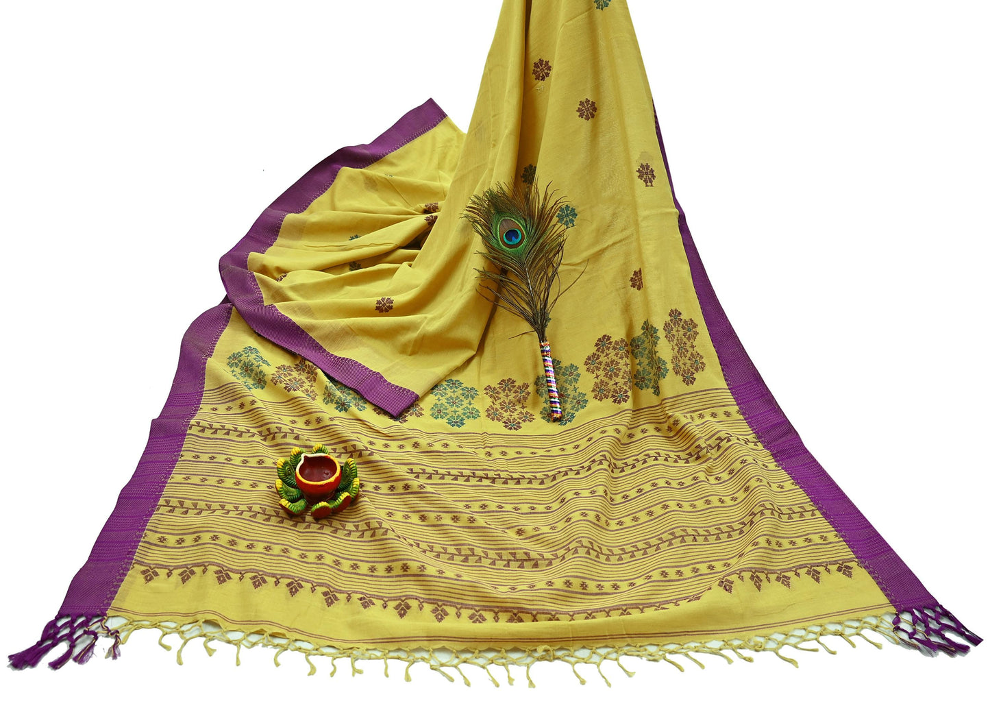Indian Vintage Sari Lemon Green Pure Cotton Hand Woven Sarees Craft Fabric 6yd Ethnic Floral Crafting Upcycle Quilting Dress Making Fringes
