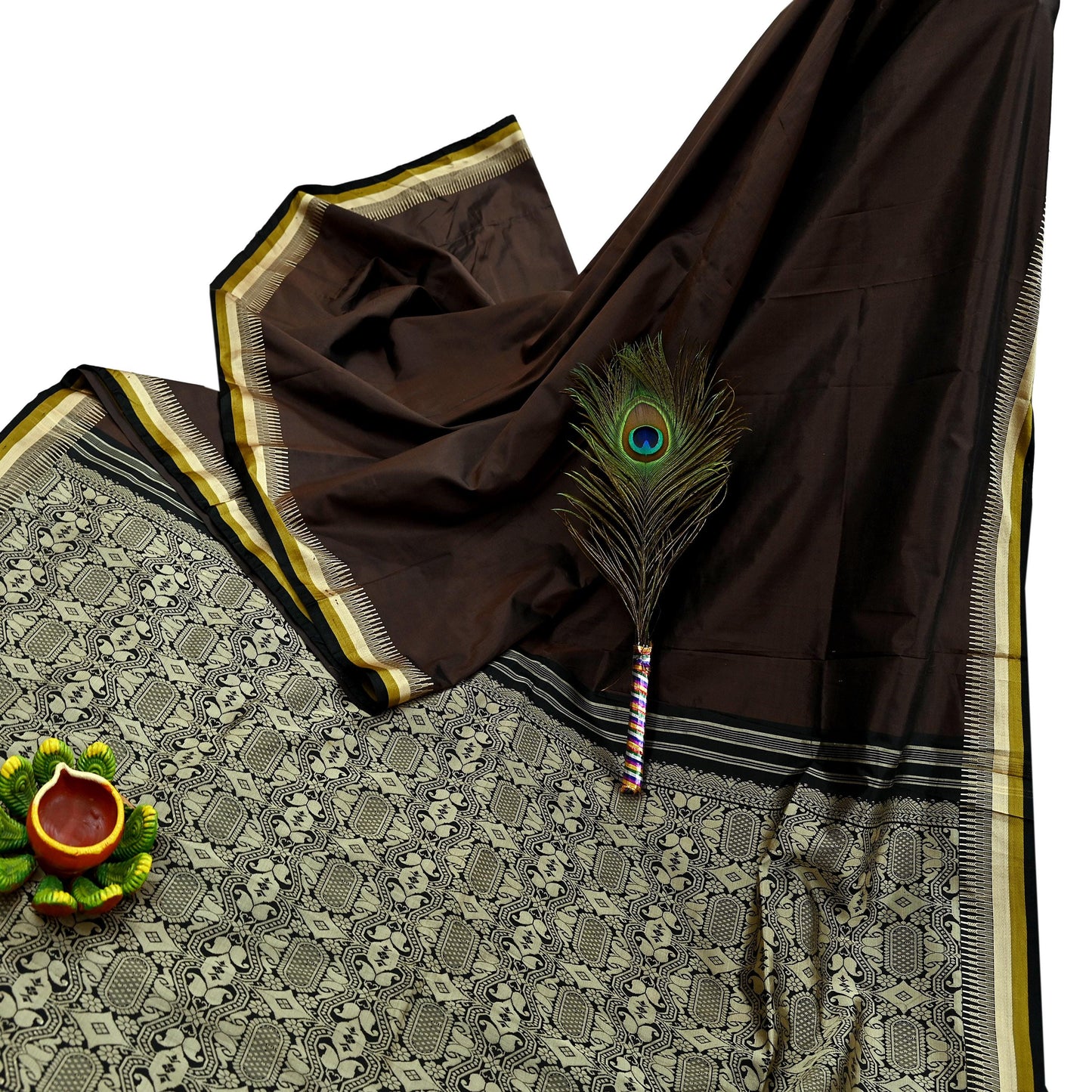 Indian Vintage Sari Black & Brown 100% Pure Silk Hand Woven Sarees Craft Fabric 5Yd Ethnic Sewing Dress making Crafting Quilting Upcycle