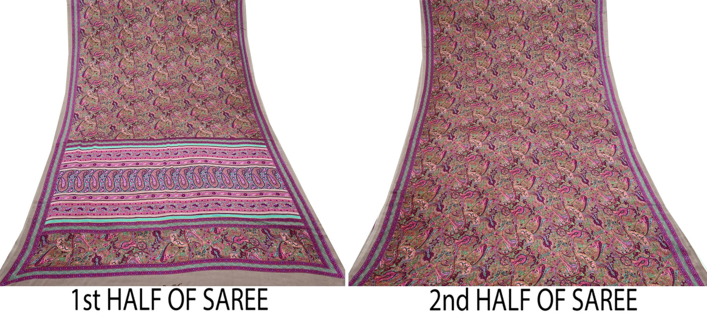 Indian Vintage Saree Purple & Brown Moss Crepe Printed Sari 6 Yards Floral Soft Fabric for Sewing, Dressmaking, Crafting, Quilting
