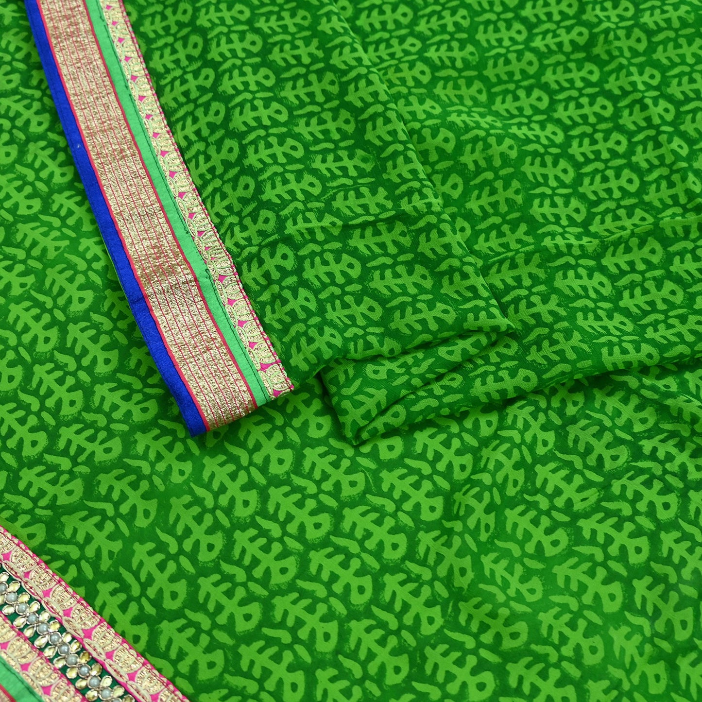 Indian Vintage Green Saree Pure Georgette Silk Hand Embroidered Sari Craft Fabric 5Yd Ethnic Soft Dress making Crafting Quilting