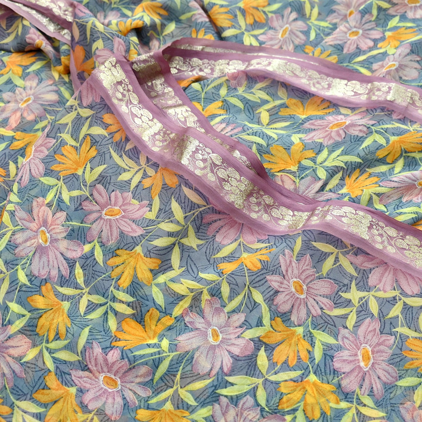 Women Vintage Sari Gray Pure Georgette Silk Printed Saree Craft Fabric Sewing 5Yard Soft Light Dress Making Floral Zari