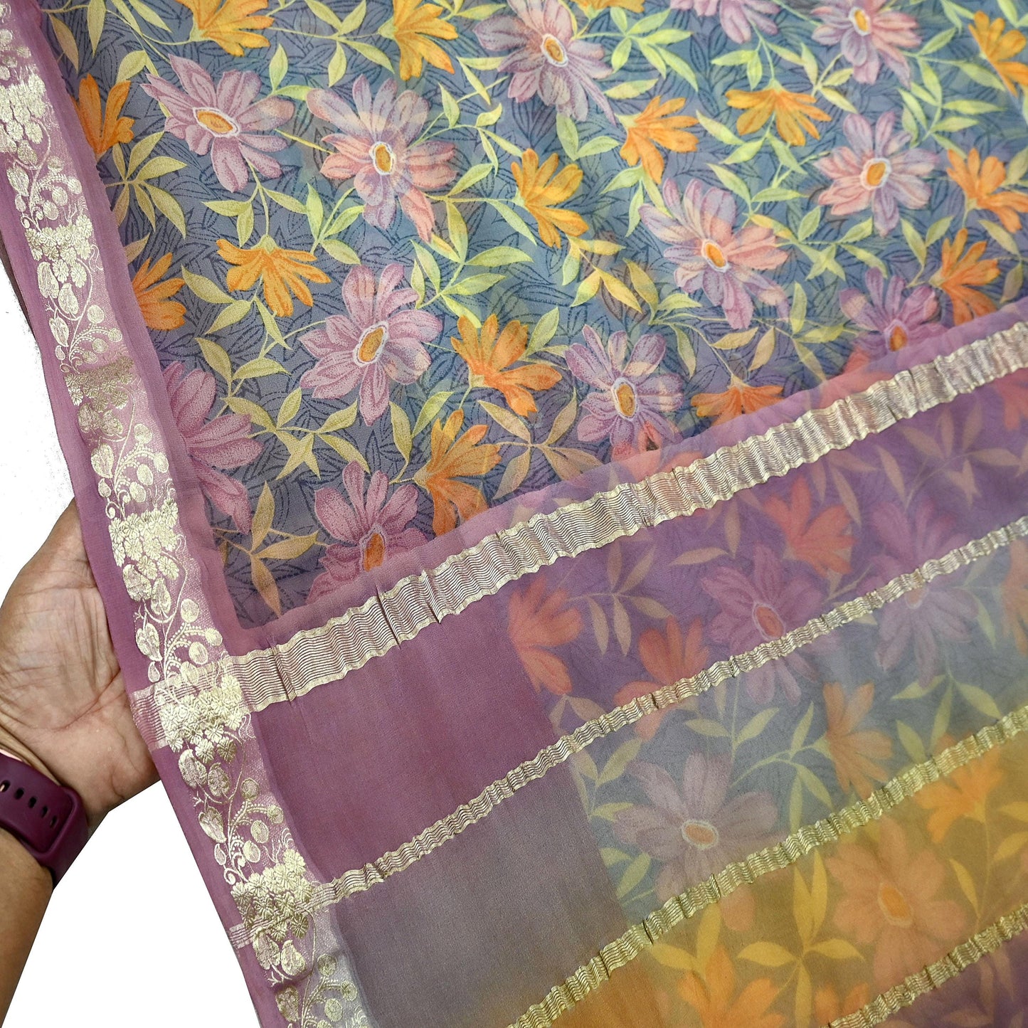 Women Vintage Sari Gray Pure Georgette Silk Printed Saree Craft Fabric Sewing 5Yard Soft Light Dress Making Floral Zari