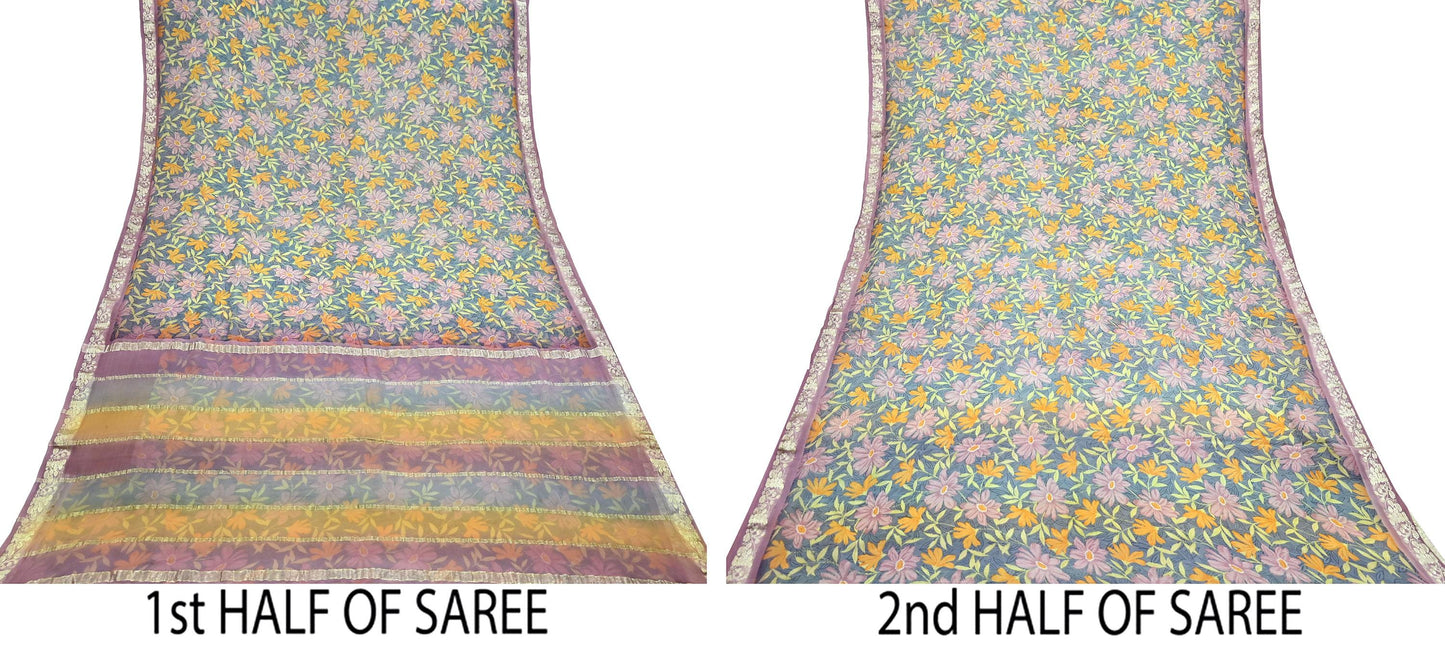 Women Vintage Sari Gray Pure Georgette Silk Printed Saree Craft Fabric Sewing 5Yard Soft Light Dress Making Floral Zari