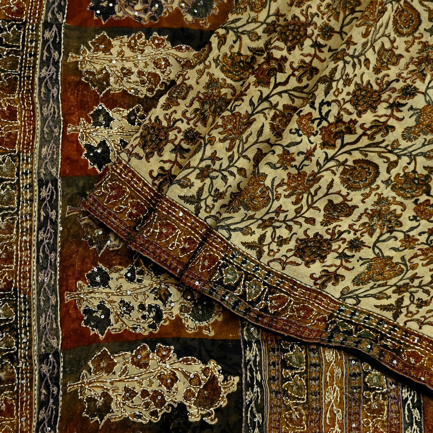 Indian Vintage Beige & black Saree Pure Georgette Silk Hand Embroidered Kantha Sari Craft Fabric 5yd Sewing Floral Soft Sequins Dress making