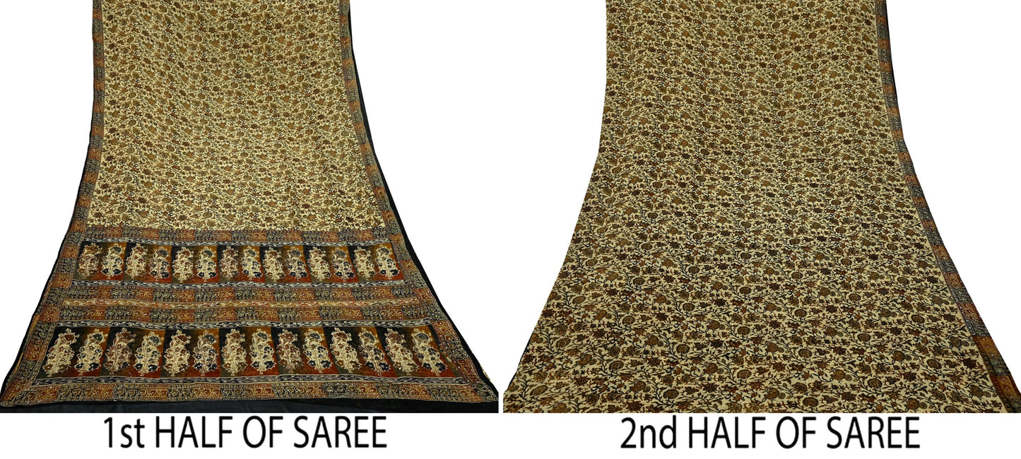Indian Vintage Beige & black Saree Pure Georgette Silk Hand Embroidered Kantha Sari Craft Fabric 5yd Sewing Floral Soft Sequins Dress making