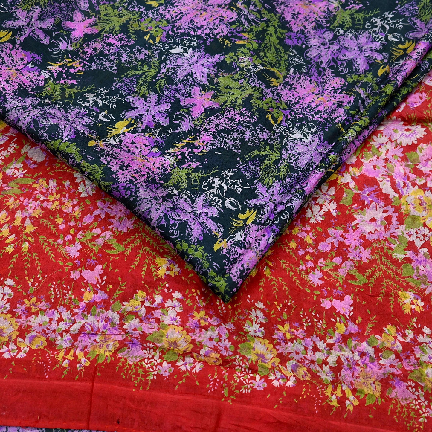 Indian Vintage Red & Black Pure Silk Printed Saree 5 Yards Soft Floral Fabric for Dressmaking, Quilting, Crafting, Sewing, Dress Making