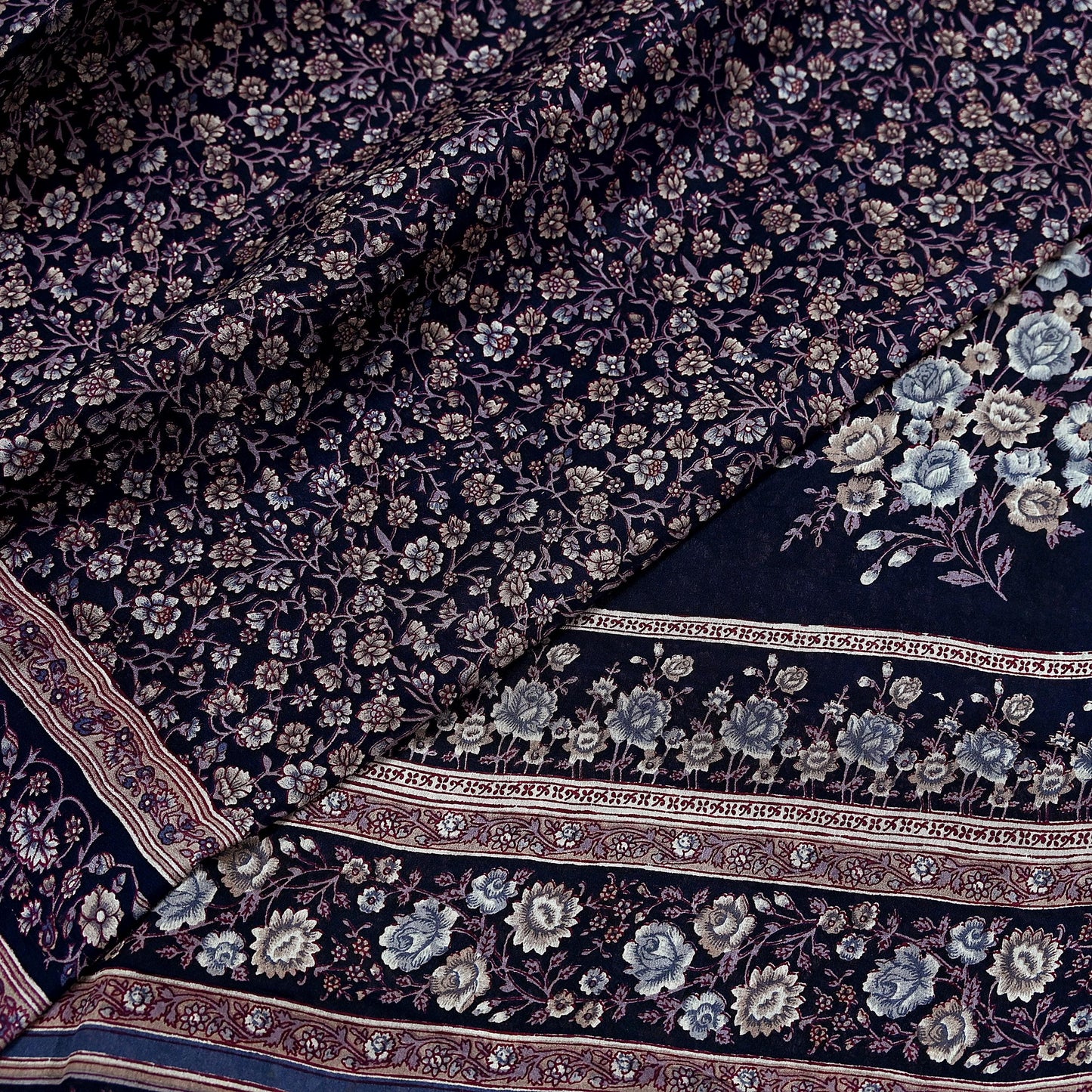 Indian Vintage Blue Pure Silk Printed Saree 5 Yards Soft Floral Fabric for Dressmaking, Quilting, Crafting, Sewing & Upcycling Dress Making