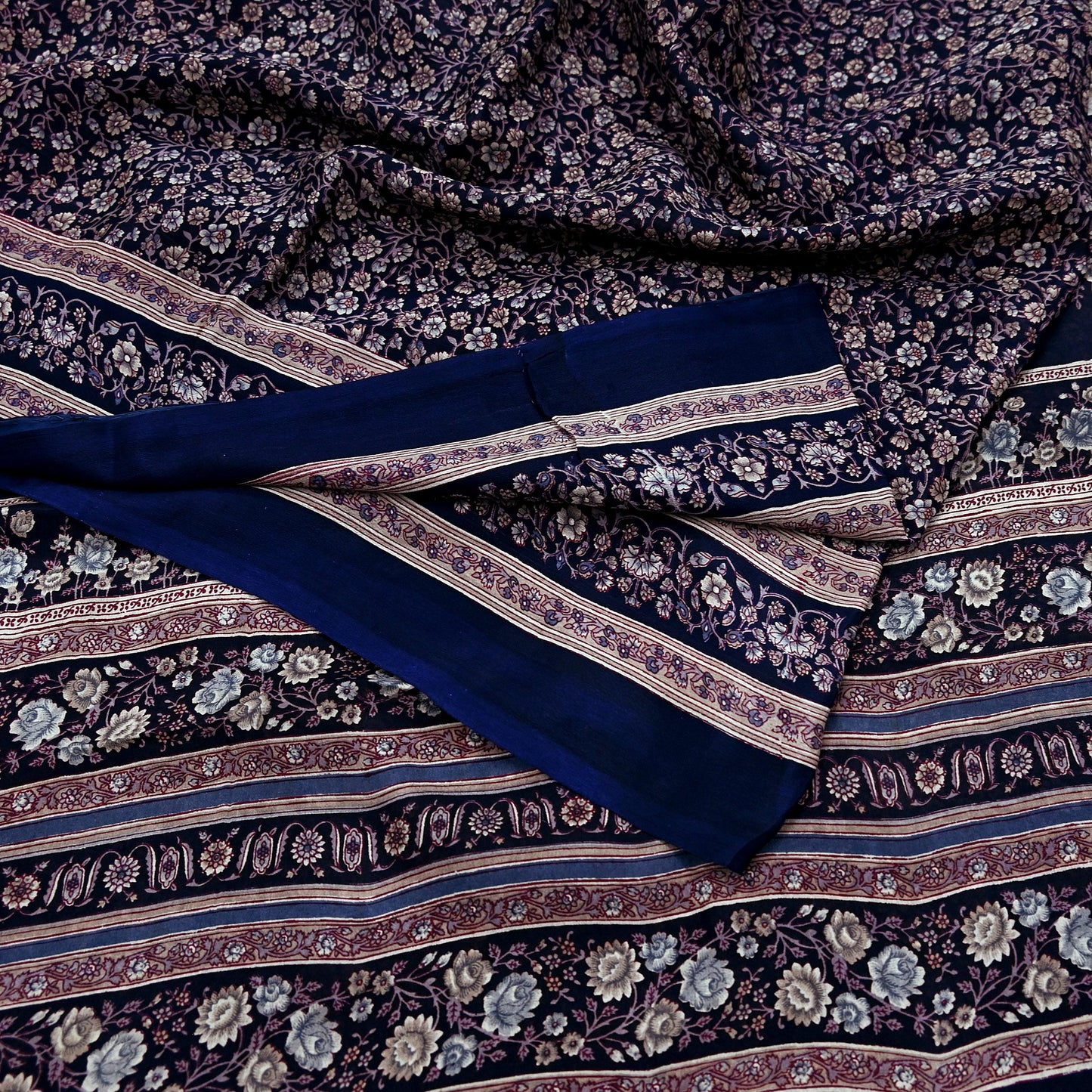 Indian Vintage Blue Pure Silk Printed Saree 5 Yards Soft Floral Fabric for Dressmaking, Quilting, Crafting, Sewing & Upcycling Dress Making