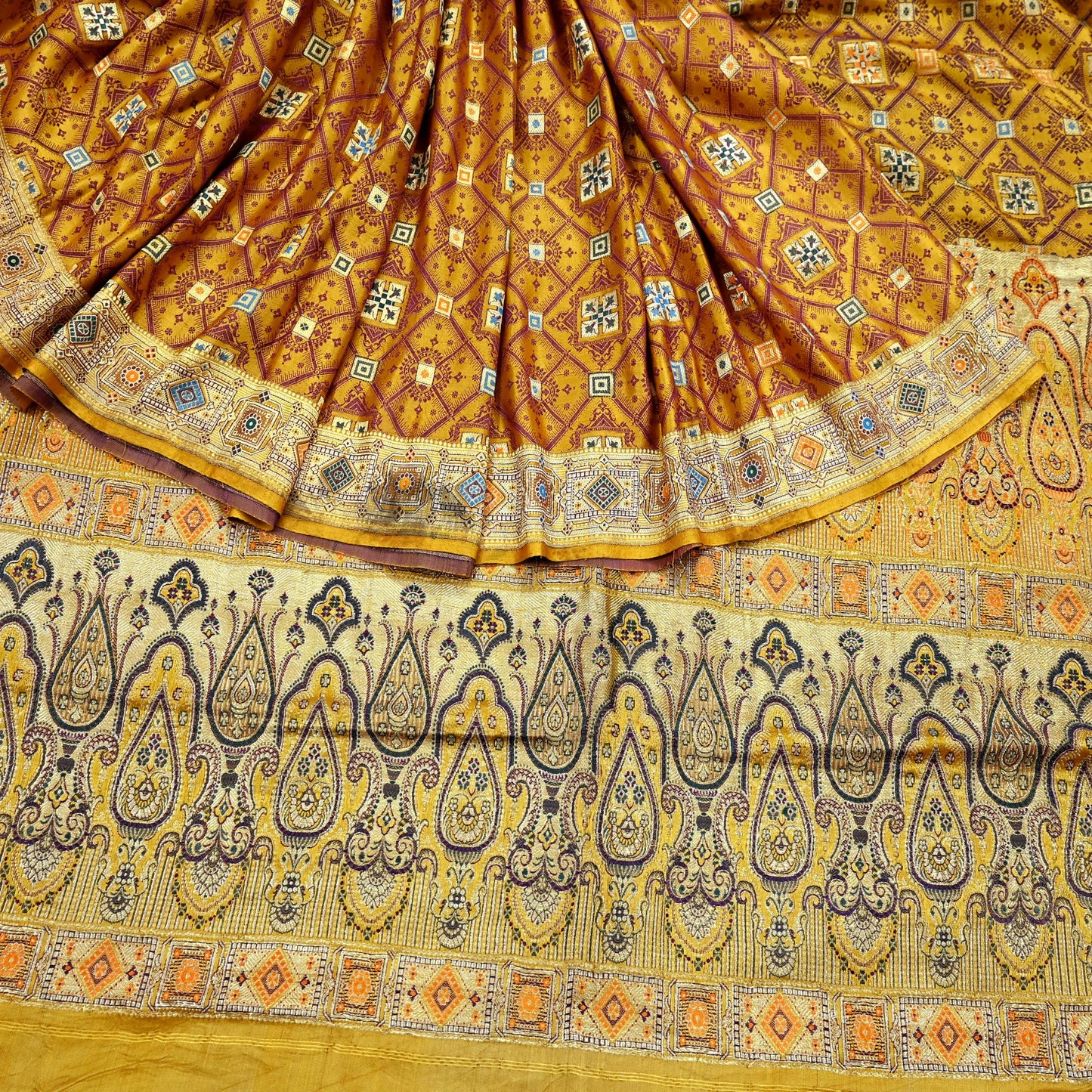 Indian Vintage Sari Saffron Heavy Wedding Pure Satin Silk Woven Banarasi Tanchoi Saree 5Yd Ethnic Craft Fabric Upcycle Bridal Heavy Sarees