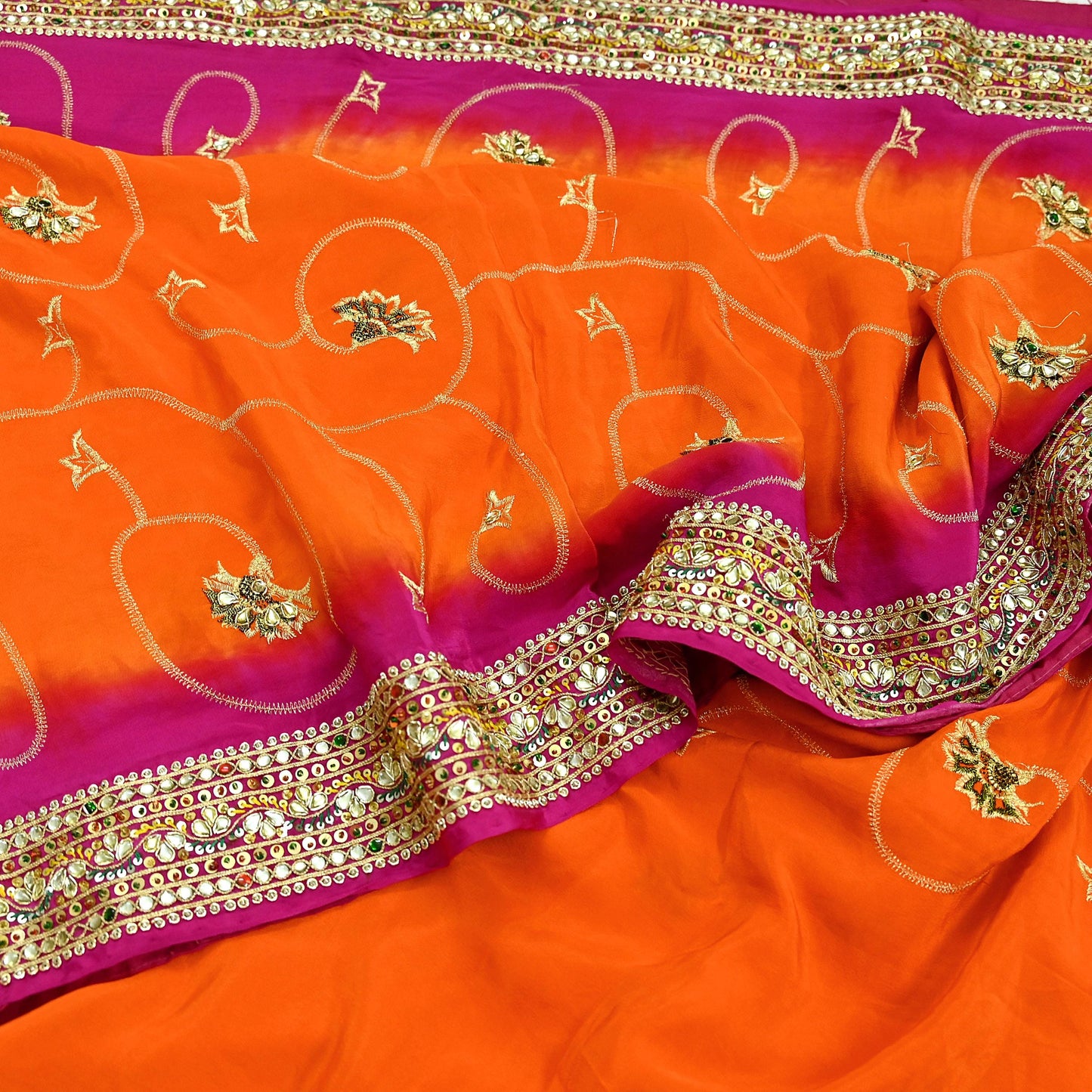 Indian Vintage Saree Pure Crepe Silk Hand Embroidered with Zardozi 5 Yards Soft Fabric for Sewing, Dressmaking, Craft Projects