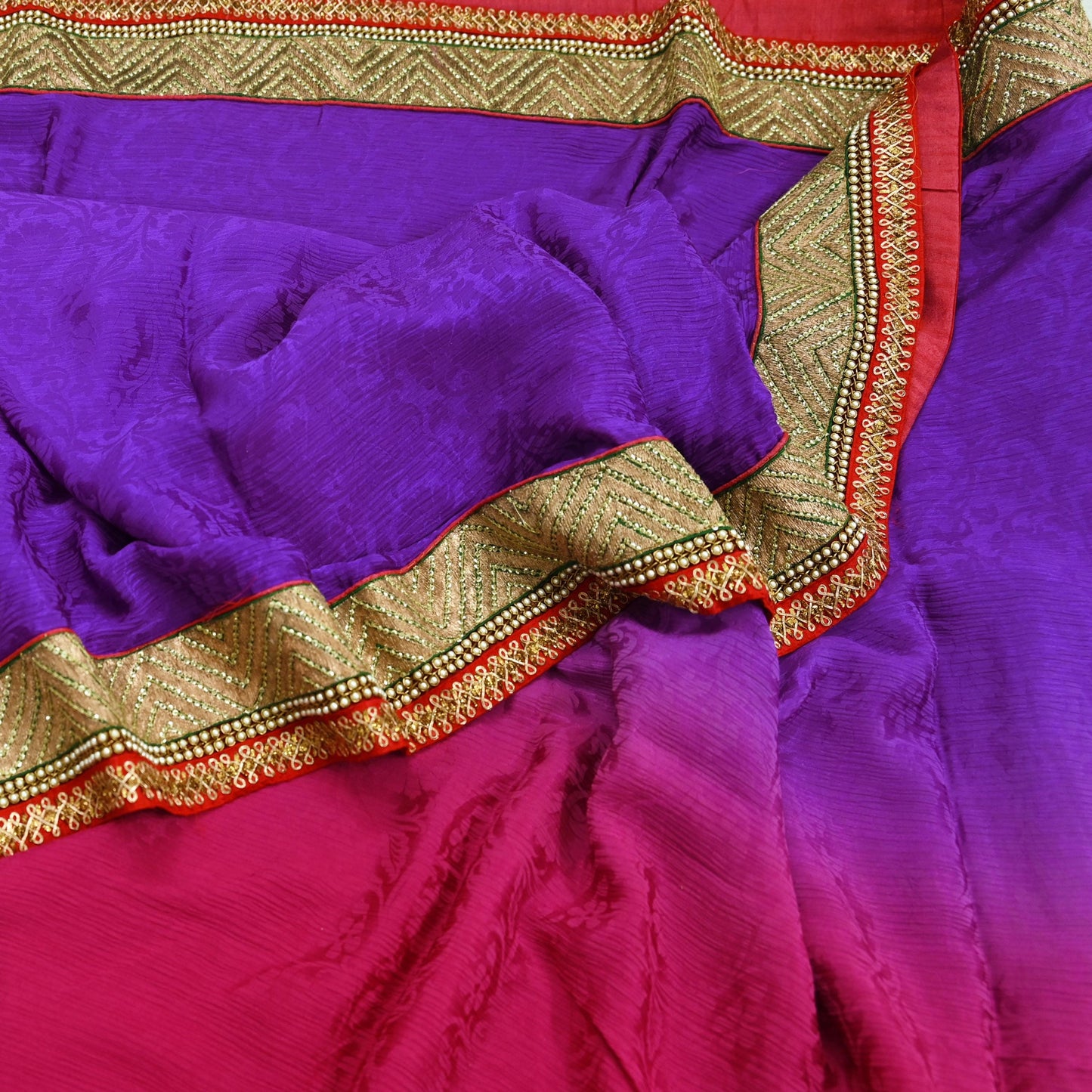 Indian Vintage Heavy Purple & Pink Sari Hand Embroidered Saree 100% Pure Silk Craft Fabric 6yd Soft Wedding/Party Wear Blouse Fabric