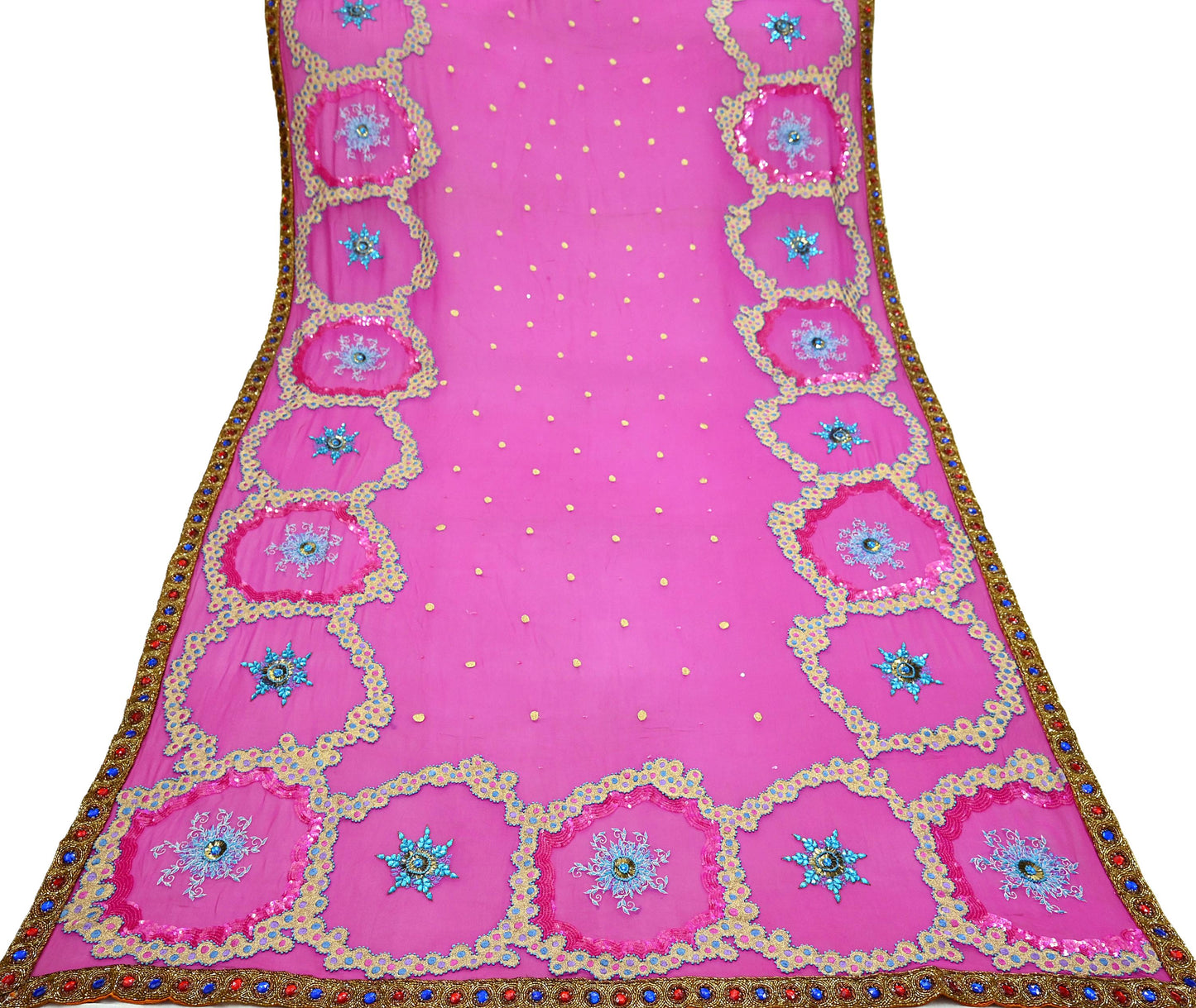 Indian Vintage Heavy Bridal Dupatta Pink Pure Georgette Silk Long Stole Hand Embroidered Scarf Zardozi/Dabka Zari Wedding/Party Dupatta