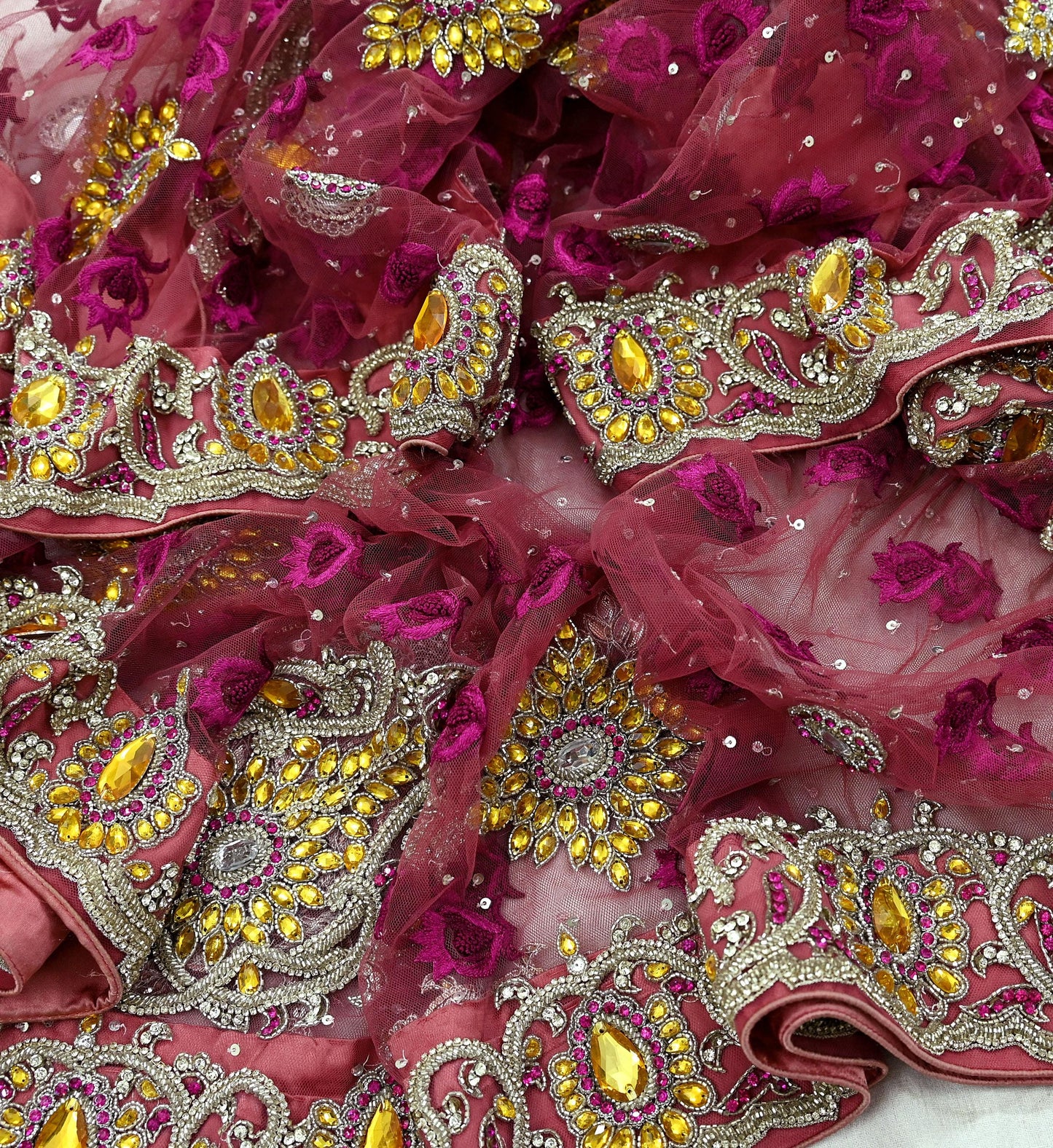 Indian Vintage Heavy Bridal Pink Dupatta Net Mesh Long Stole Hand Embroidered Scarves Golden Zardozi Dabka Zari Sequins Wedding Veil Hijab