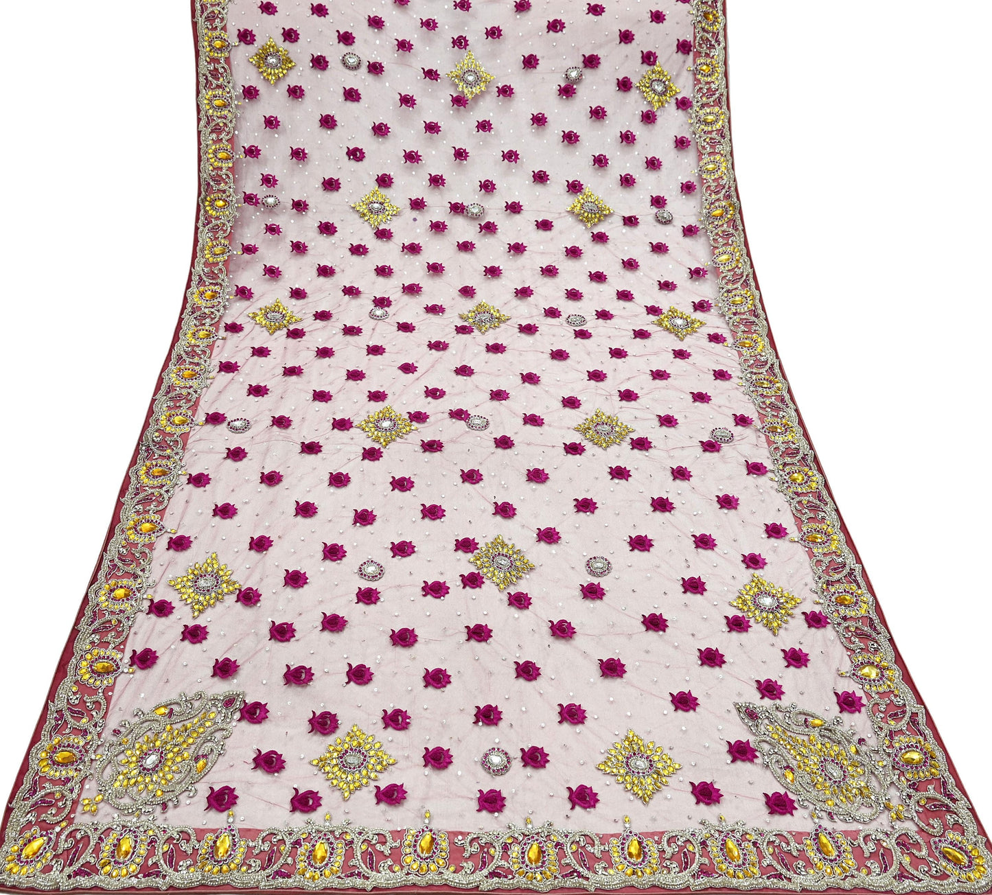 Indian Vintage Heavy Bridal Pink Dupatta Net Mesh Long Stole Hand Embroidered Scarves Golden Zardozi Dabka Zari Sequins Wedding Veil Hijab