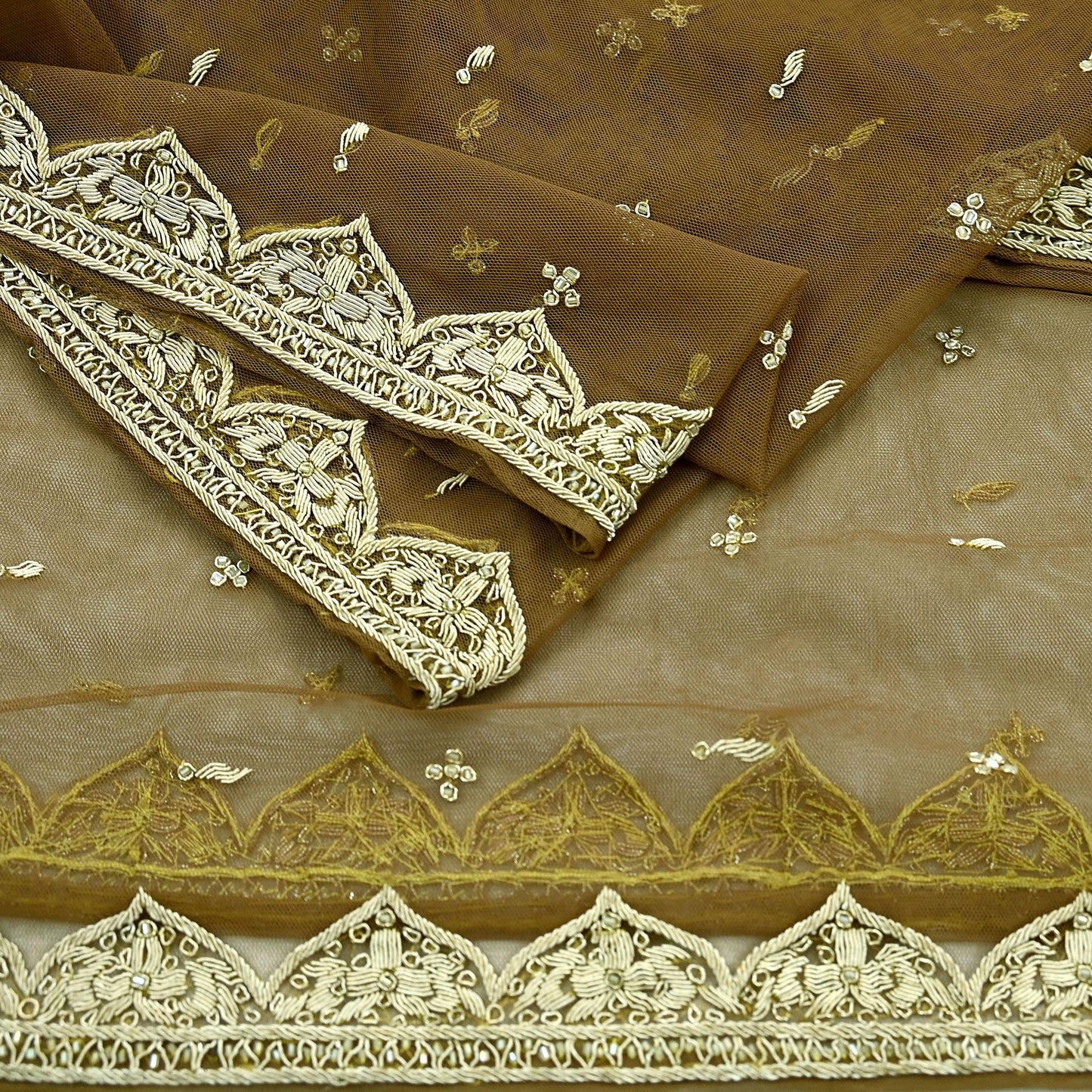 Indian Vintage Heavy Green Dupatta Net Mesh Long Stole Hand Embroidered Scarf Zardozi Zari Sequins Stole Bridal Veil