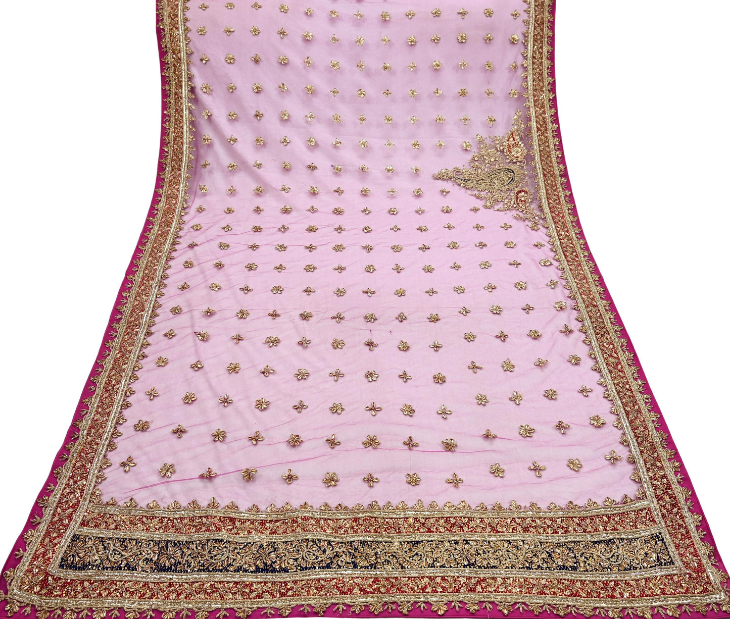 Indian Vintage Heavy Bridal Pink Dupatta Net Mesh Long Stole Hand Embroidered Scarves Golden Zardozi Dabka Zari Sequins Wedding Veil Hijab