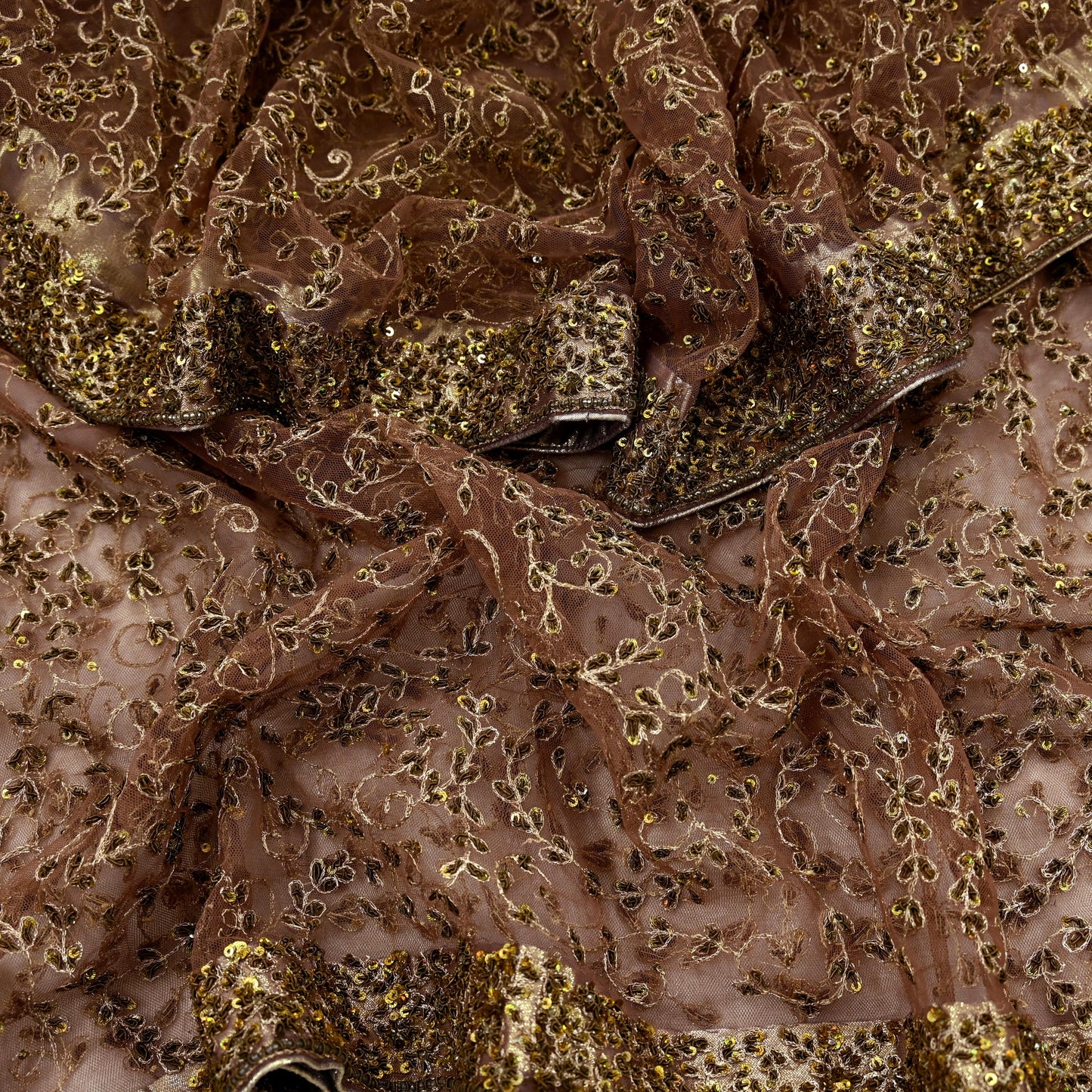 Indian Vintage Heavy Brown Dupatta Net Mesh Long Stole Hand Embroidered Scarf Zardozi Zari Sequins Stole Bridal Veil