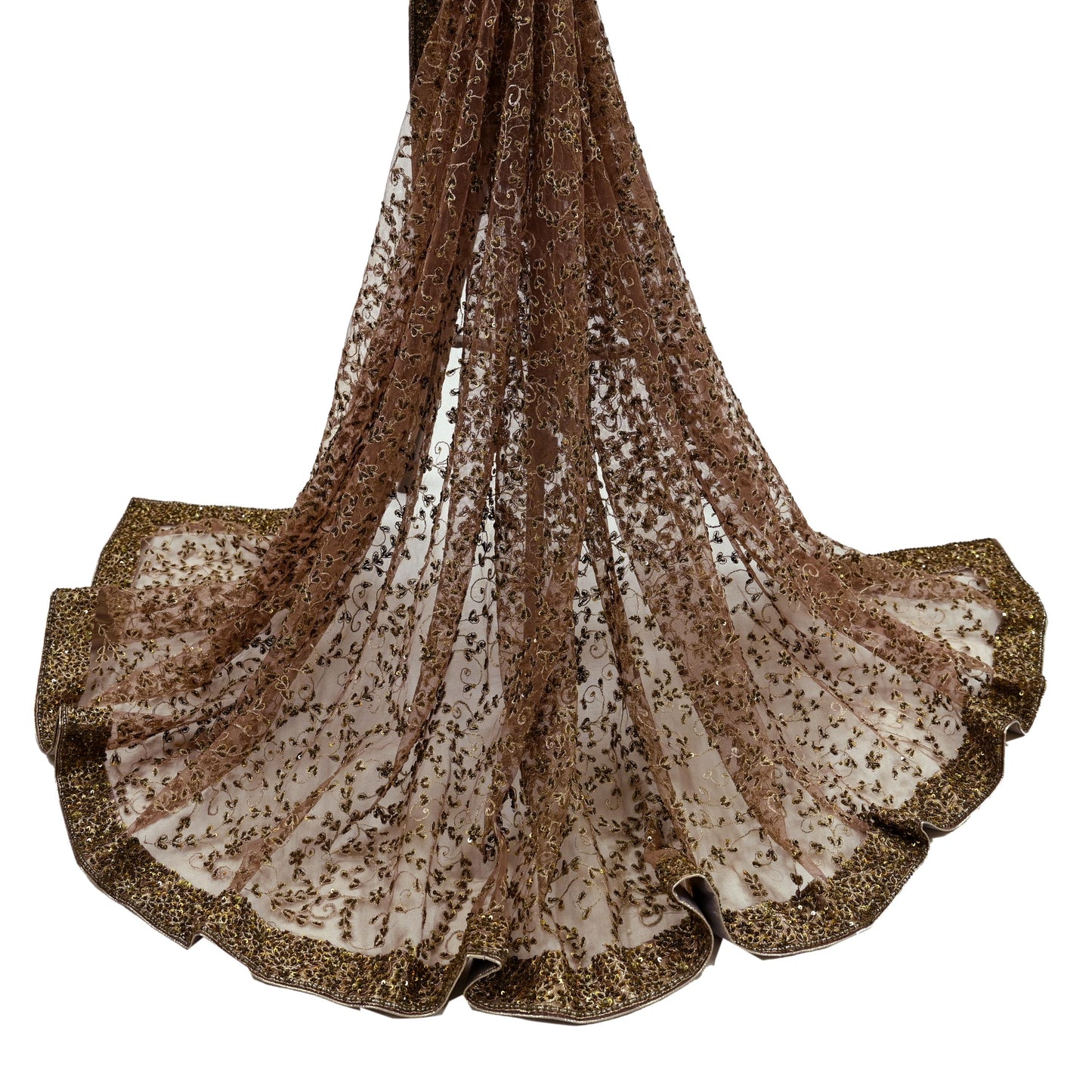 Indian Vintage Heavy Brown Dupatta Net Mesh Long Stole Hand Embroidered Scarf Zardozi Zari Sequins Stole Bridal Veil