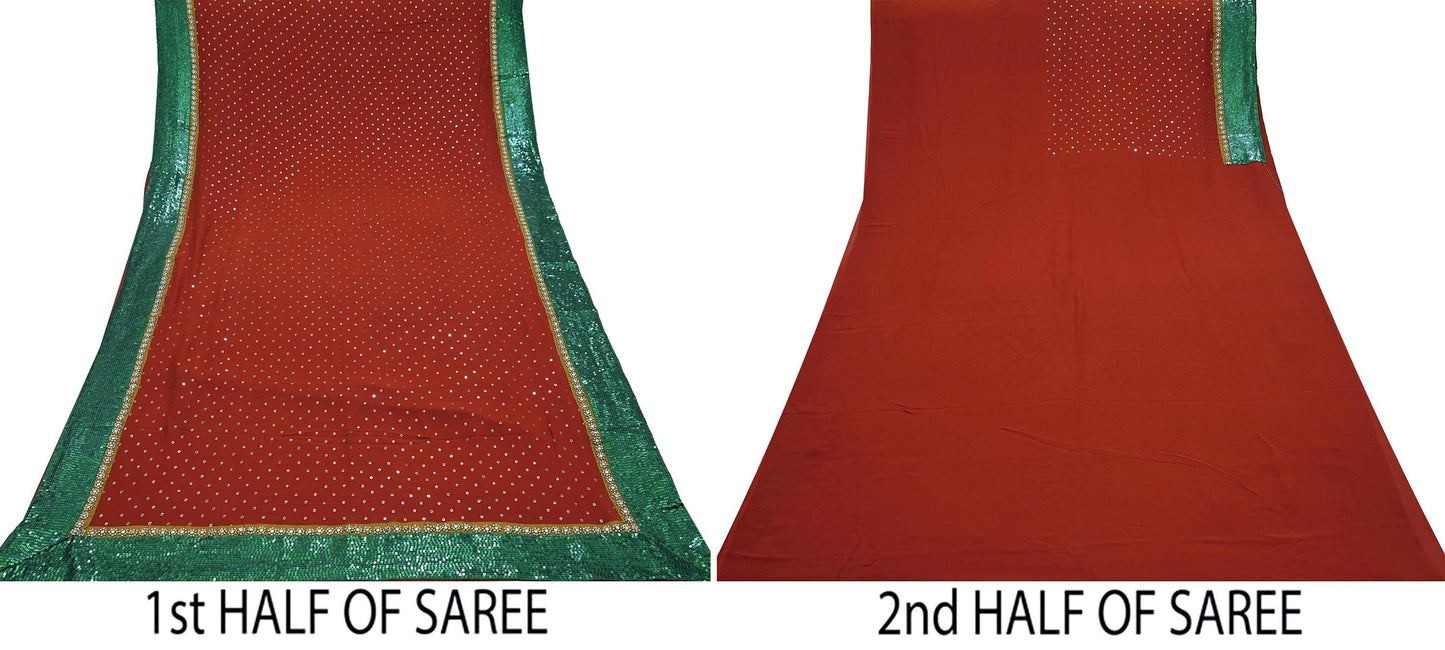 Indian Vintage Heavy Sarees Orange Pure Georgette Silk Hand Embroidered Sari Fabric 5Yd Sewing Ethnic Sequins Wedding sarees