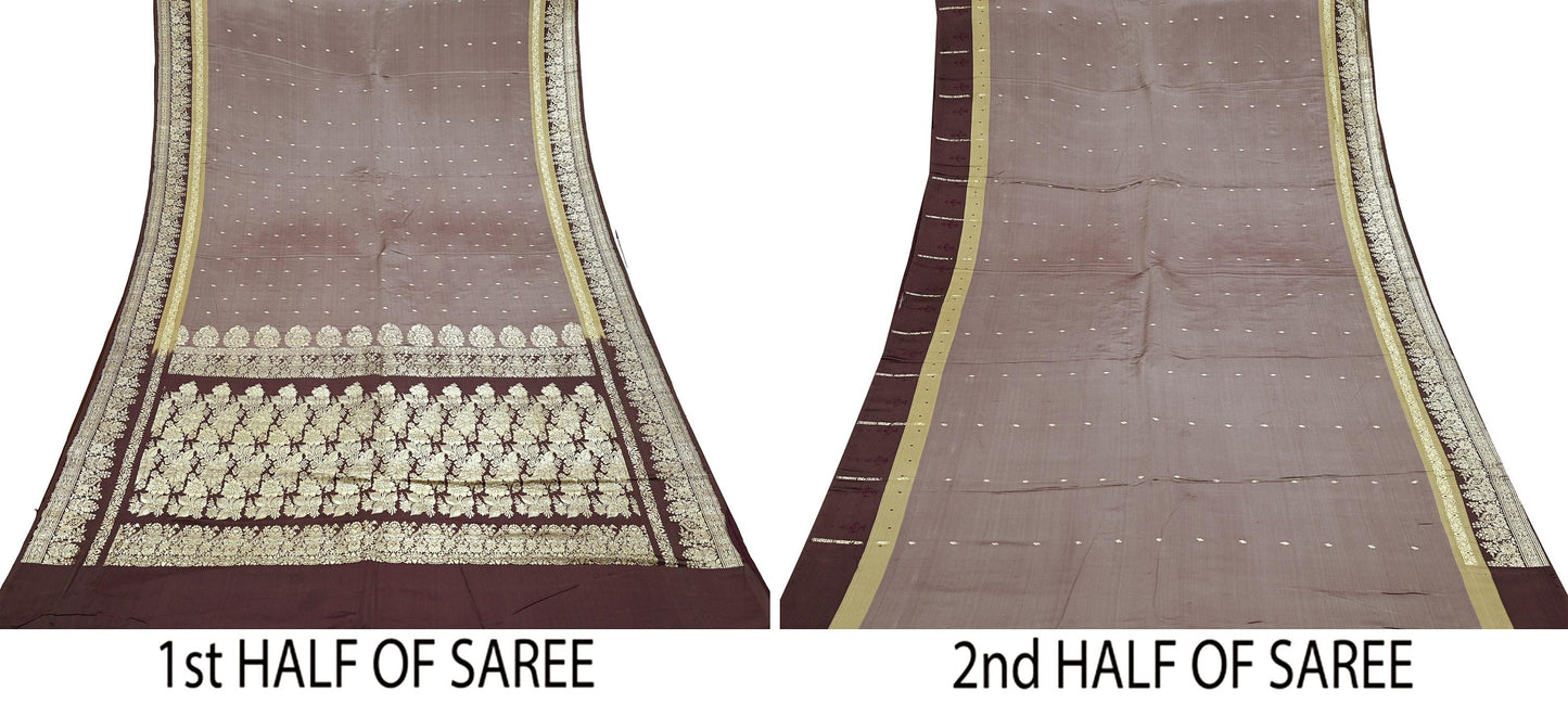 Indian Vintage Sari Brown Heavy Wedding Pure Satin Silk Woven Banarasi Brocade Saree Zari 5Yd Craft Fabric Ethnic Dress making Crafting