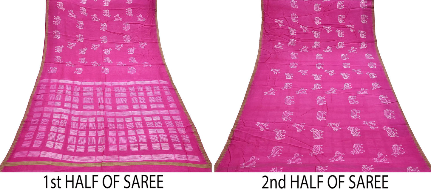 Indian Vintage Sari Magenta Pure chanderi Silk Block Printed Sarees Fabric 6Yard Soft Zari Border Floral Dress making bollywood silk sarees