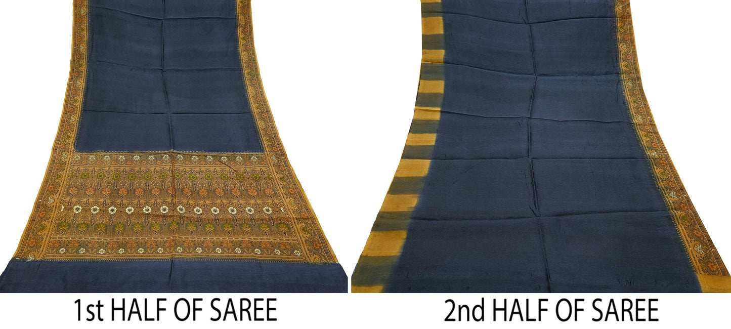 Indian Vintage Sari Gray & Beige 100% Pure Silk Hand Woven Sarees Craft Fabric 5Yd Ethnic Sewing Dress making Crafting Quilting Upcycle