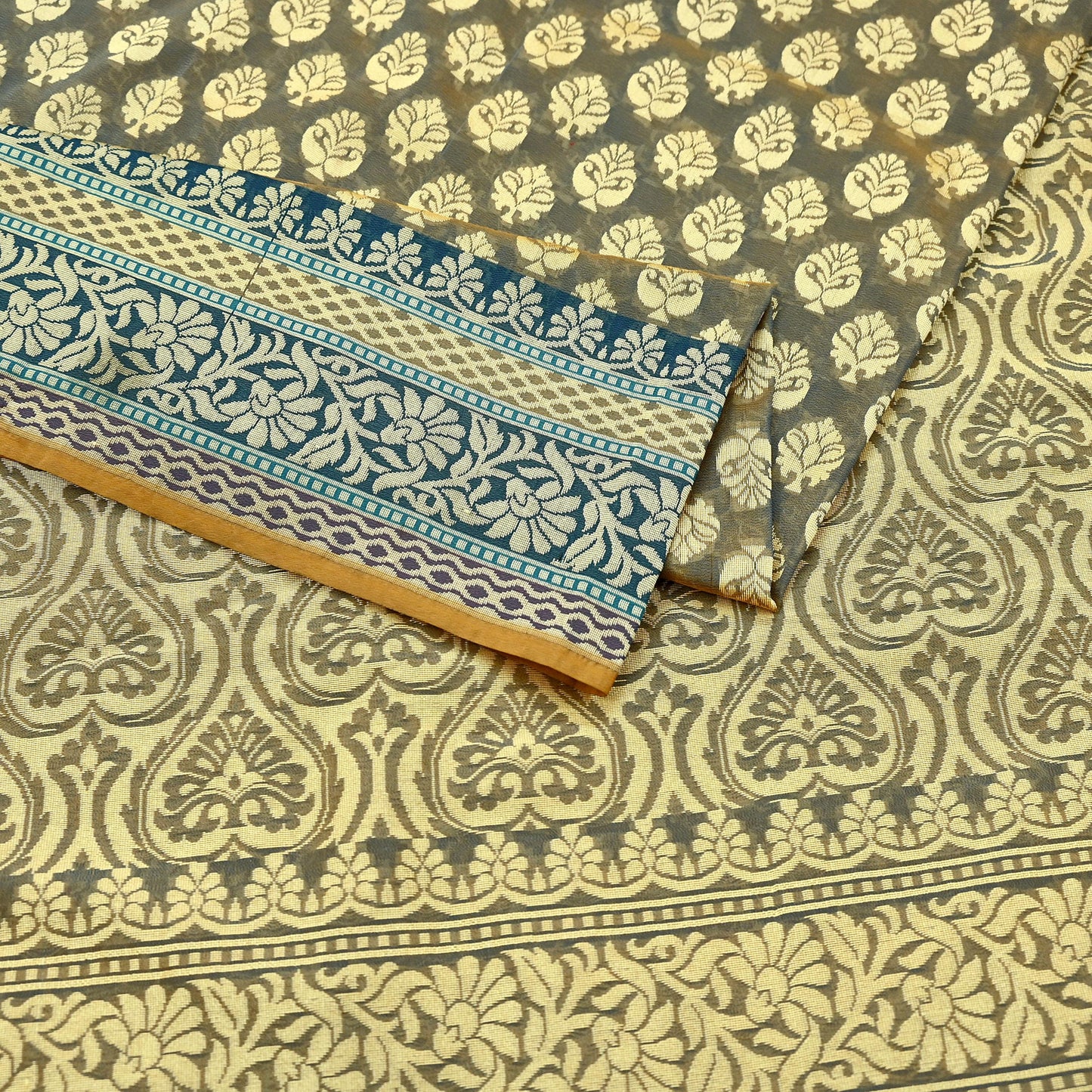 Indian Vintage Heavy Beige & Green Hand Woven Saree 100% Pure Silk Sari 5Yard Floral Dress making Crafting Quilting Upcycle