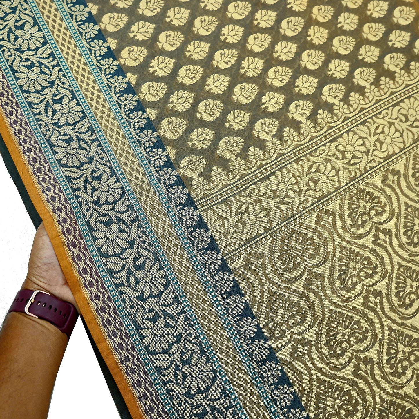 Indian Vintage Heavy Beige & Green Hand Woven Saree 100% Pure Silk Sari 5Yard Floral Dress making Crafting Quilting Upcycle
