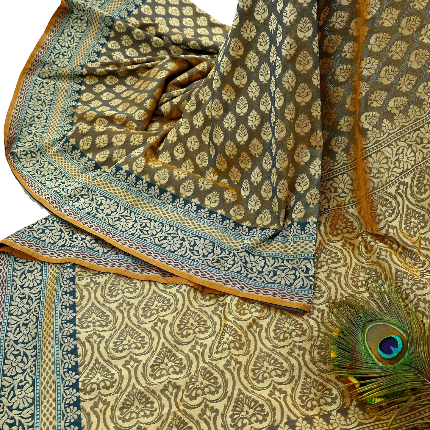 Indian Vintage Heavy Beige & Green Hand Woven Saree 100% Pure Silk Sari 5Yard Floral Dress making Crafting Quilting Upcycle