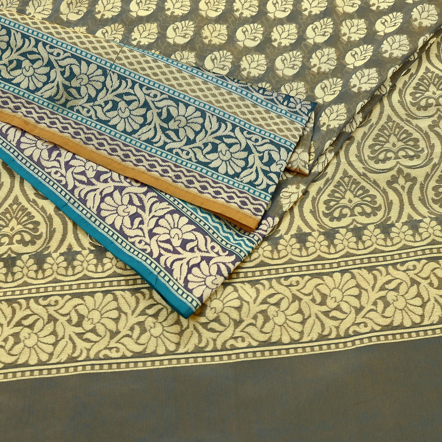 Indian Vintage Heavy Beige & Green Hand Woven Saree 100% Pure Silk Sari 5Yard Floral Dress making Crafting Quilting Upcycle