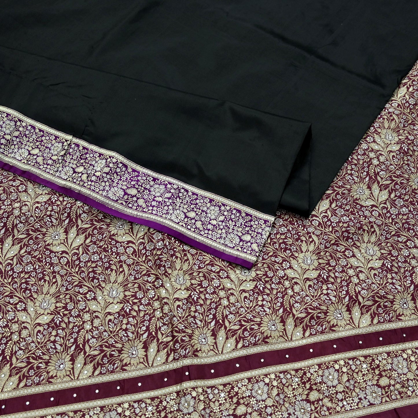 Indian Vintage Sari Purple & Black Mysore Silk Woven Saree Zari Border 5 Yards Soft Craft Fabric Upcycle, Quilting, Dressmaking