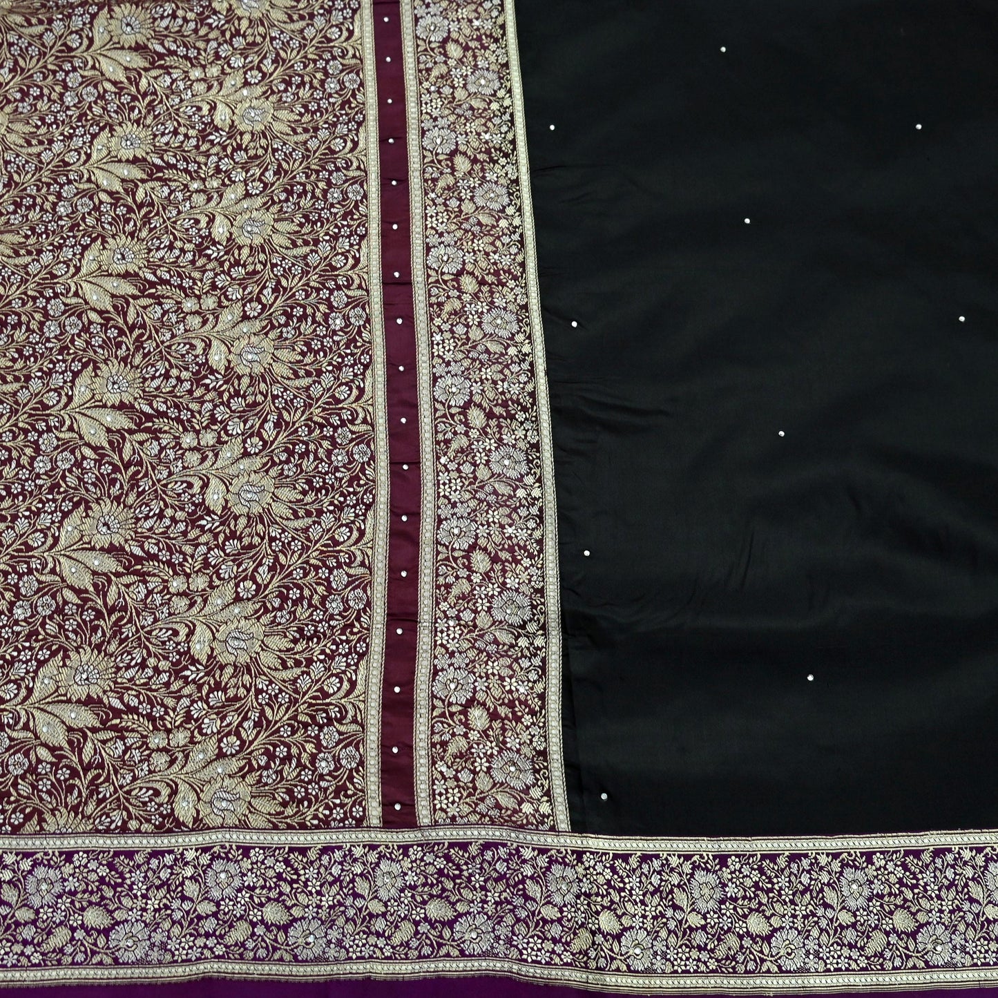 Indian Vintage Sari Purple & Black Mysore Silk Woven Saree Zari Border 5 Yards Soft Craft Fabric Upcycle, Quilting, Dressmaking