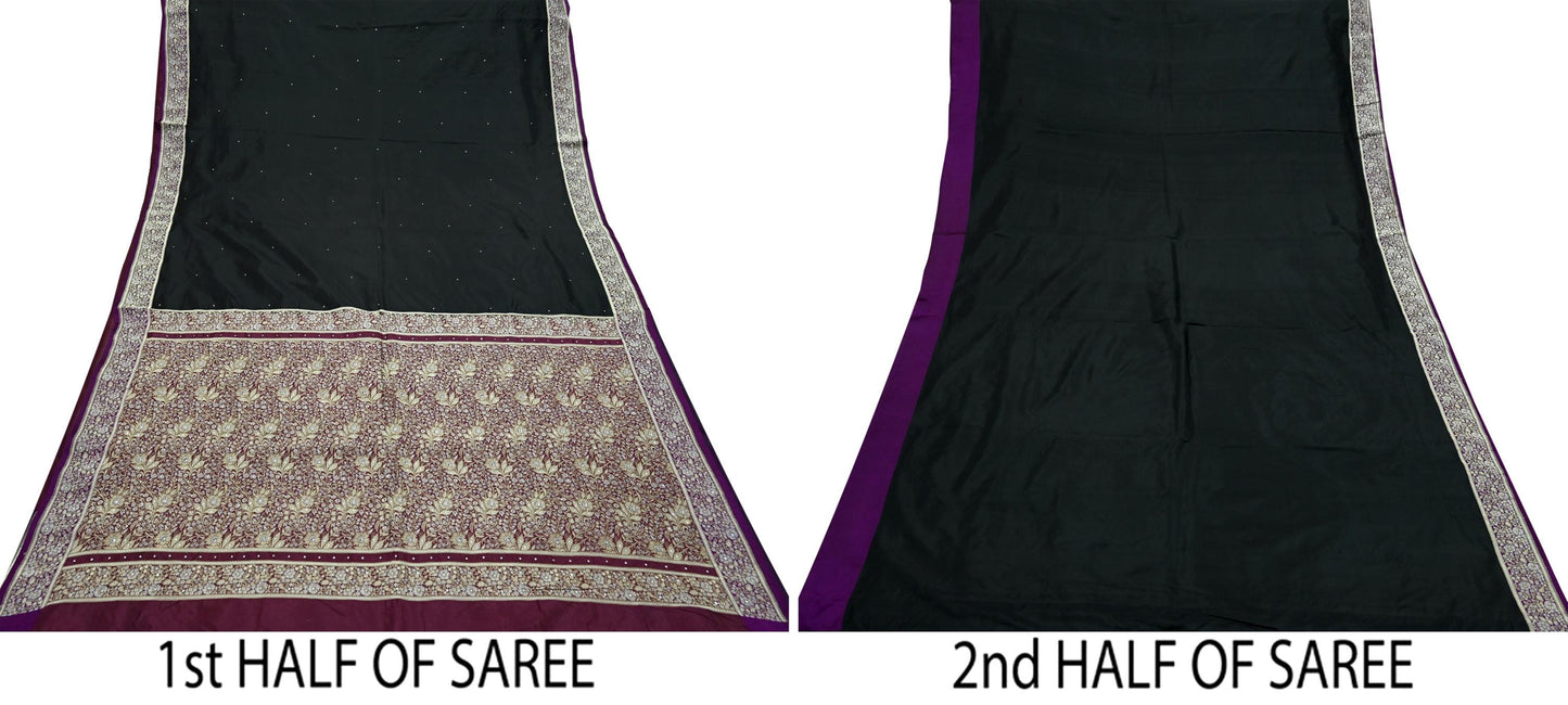 Indian Vintage Sari Purple & Black Mysore Silk Woven Saree Zari Border 5 Yards Soft Craft Fabric Upcycle, Quilting, Dressmaking