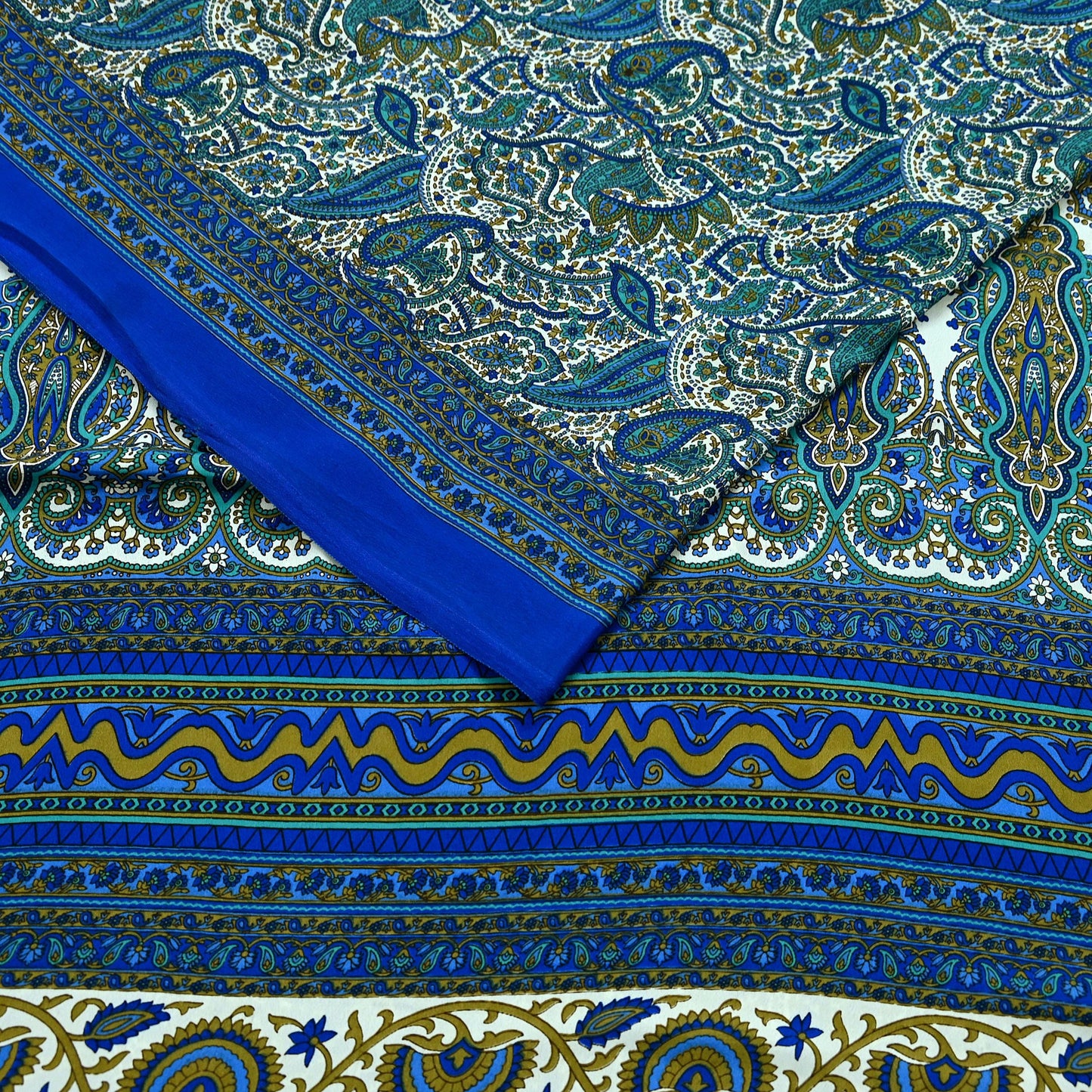 Indian Vintage Blue & White Moss Crepe Saree Printed Floral Sari Fabric 5 Yards Soft Fabric for Sewing, Dressmaking, Quilting,Upcycling