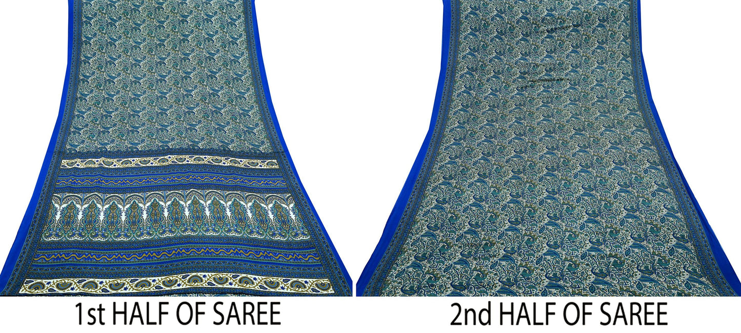 Indian Vintage Blue & White Moss Crepe Saree Printed Floral Sari Fabric 5 Yards Soft Fabric for Sewing, Dressmaking, Quilting,Upcycling