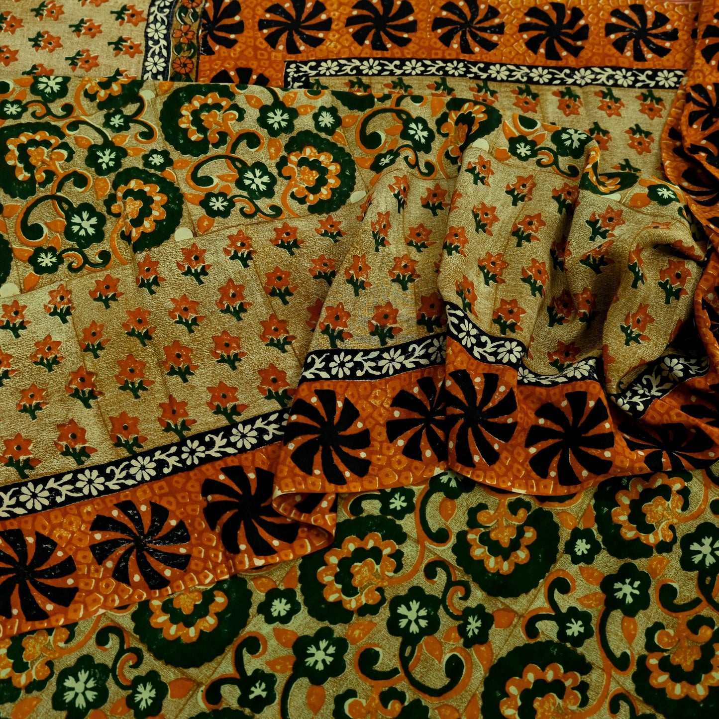 Indian Vintage Sari Green Pure Crepe Silk Printed Sarees 5yd Sewing Floral Soft Craft Fabric Wrap Dress Making Crafting Quilting Upcycle