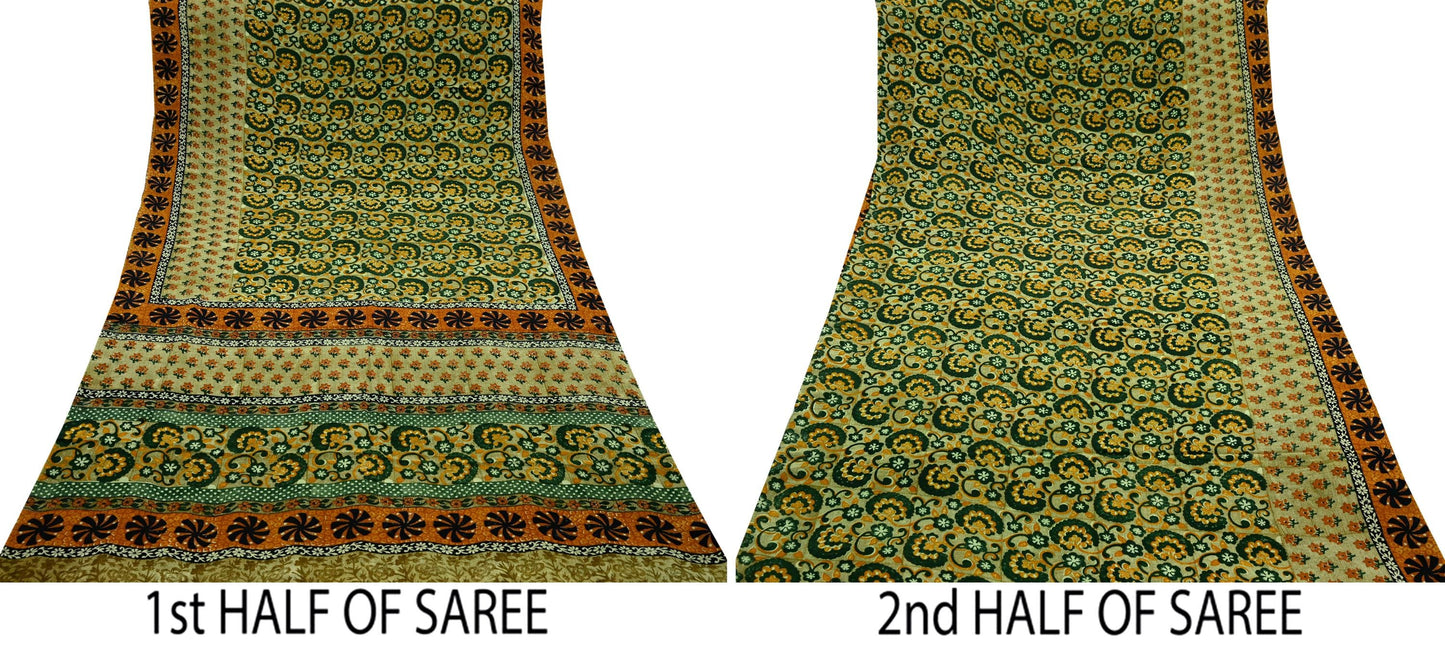 Indian Vintage Sari Green Pure Crepe Silk Printed Sarees 5yd Sewing Floral Soft Craft Fabric Wrap Dress Making Crafting Quilting Upcycle