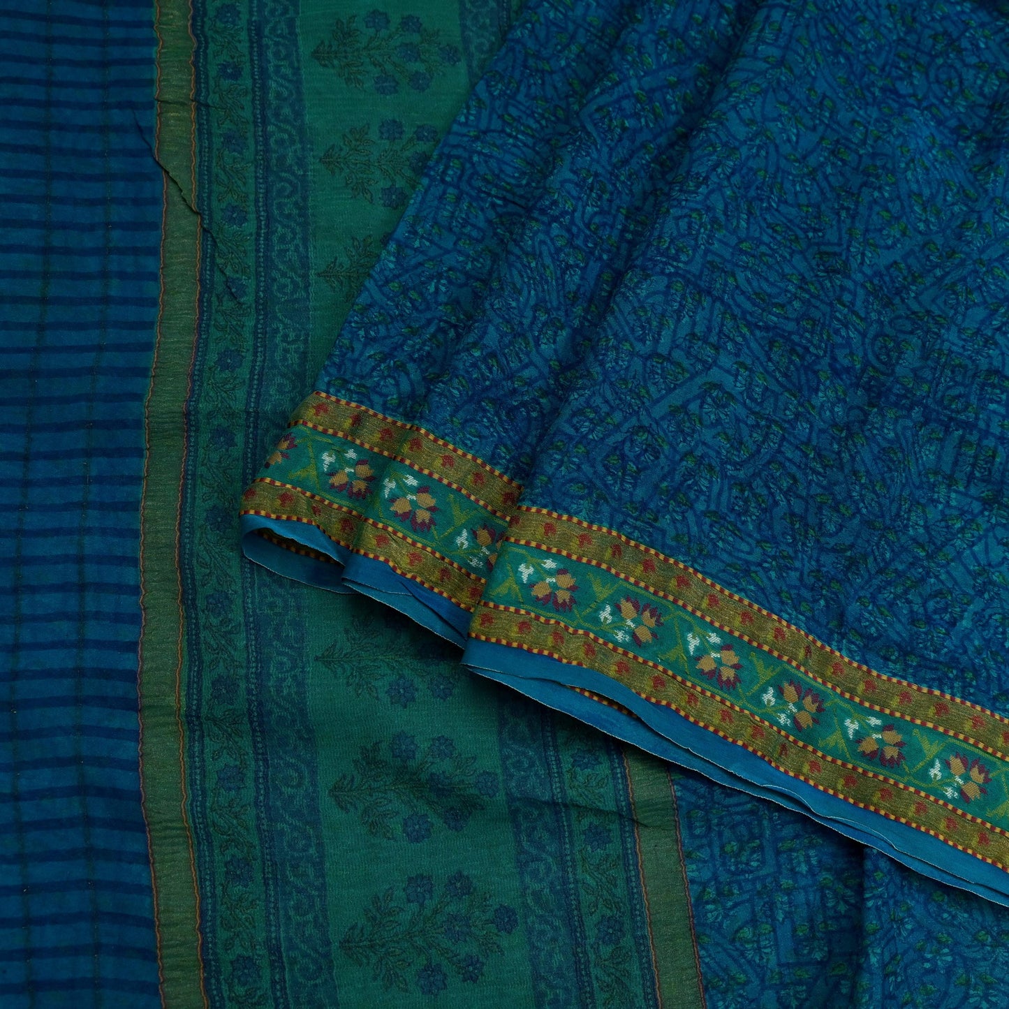 Women Vintage Sari Blue Pure Georgette Silk Printed Saree Craft Fabric Sewing 5Yard Soft Light Dress Making Floral Zari