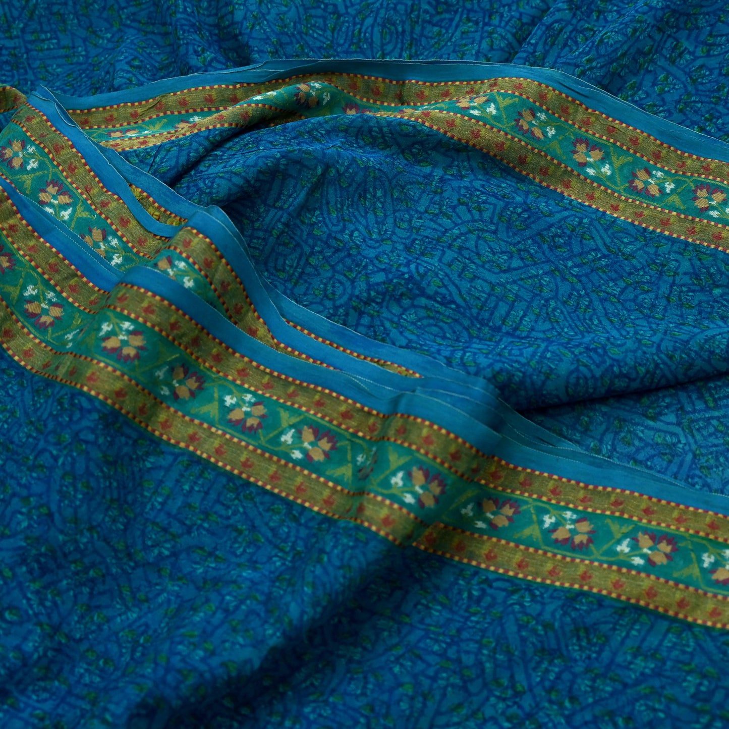 Women Vintage Sari Blue Pure Georgette Silk Printed Saree Craft Fabric Sewing 5Yard Soft Light Dress Making Floral Zari