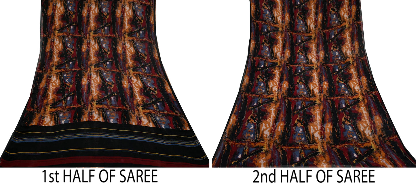 Women Vintage Sari Multi & Black Pure Georgette Silk Printed Saree Craft Fabric Sewing 6Yard Soft Light Dress Making Floral Dressmaking