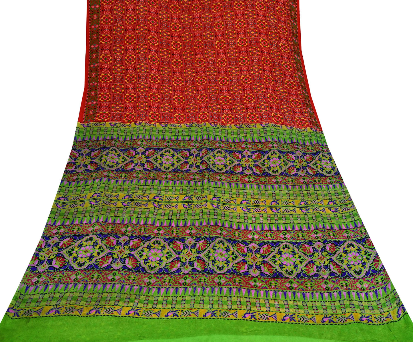 Indian Vintage Red & Green Pure Silk Printed Saree 5 Yards Soft Floral Fabric for Dressmaking, Quilting, Crafting, Sewing, Dress Making