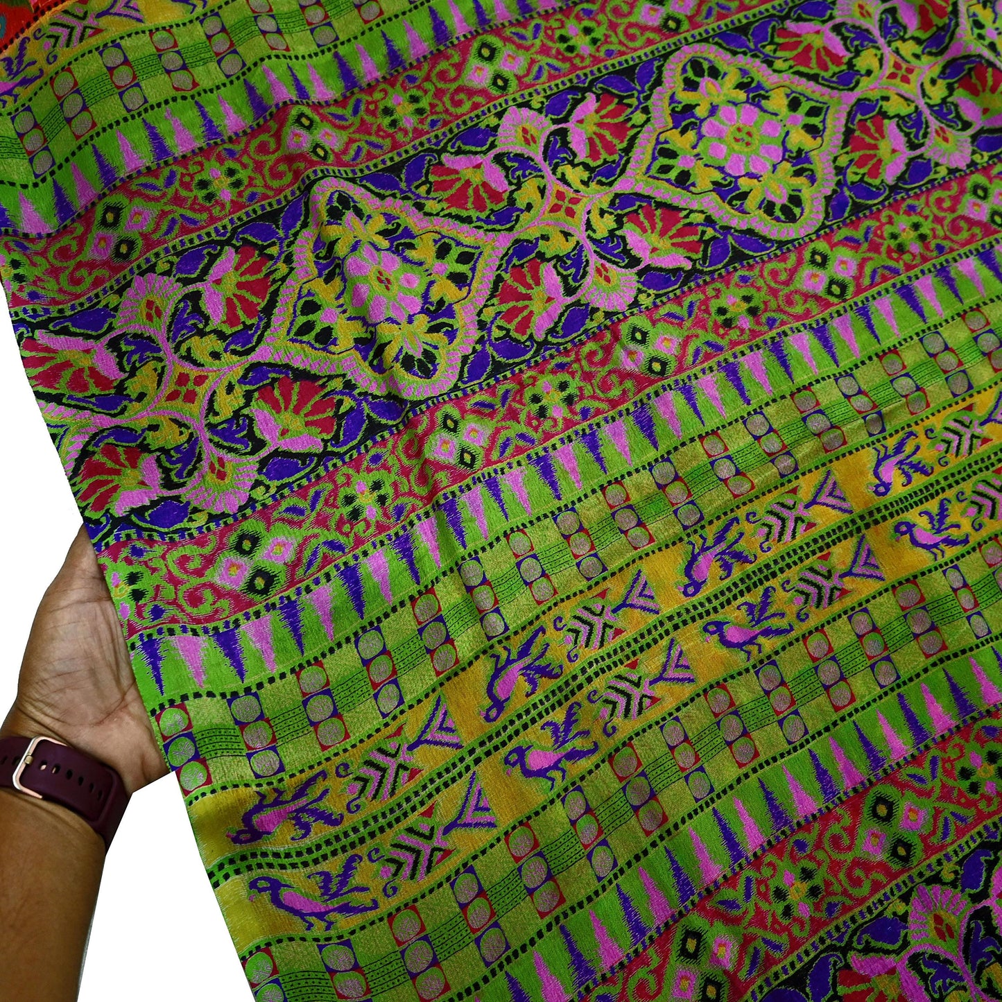 Indian Vintage Red & Green Pure Silk Printed Saree 5 Yards Soft Floral Fabric for Dressmaking, Quilting, Crafting, Sewing, Dress Making