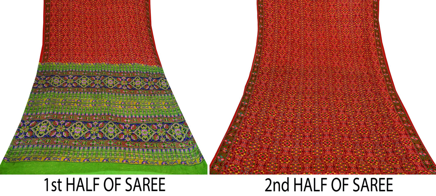 Indian Vintage Red & Green Pure Silk Printed Saree 5 Yards Soft Floral Fabric for Dressmaking, Quilting, Crafting, Sewing, Dress Making