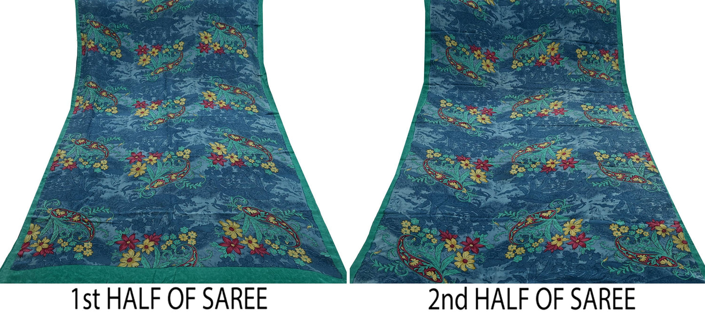Indian Vintage Sari Green & Gray Pure Crepe Silk Printed Sarees 6yd Sewing Soft Craft Fabric Wrap Upcycle Quilting Crafting Dress making