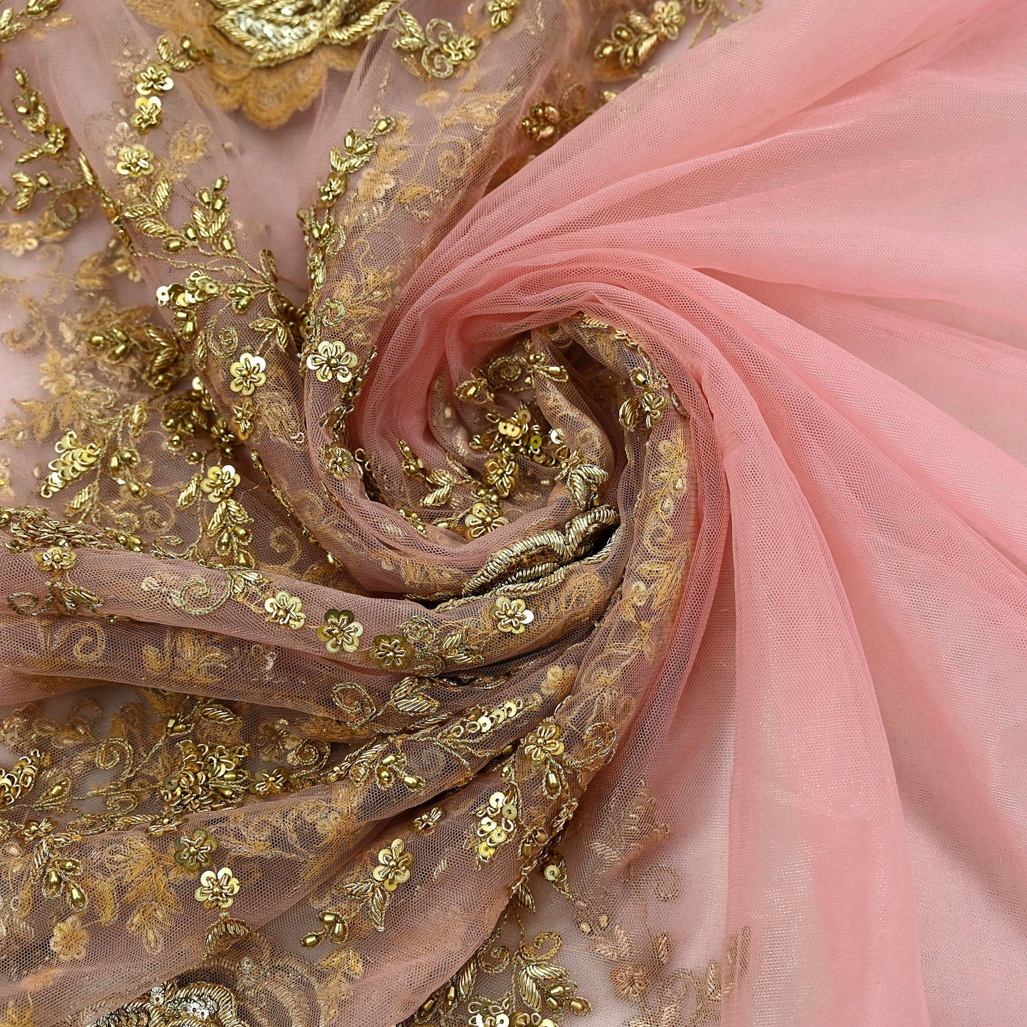 Indian Vintage Light Peach Net/Mesh Design Fabric Dress Designing Sari Fabric Dressmaking For Craft Floral design 136"X47"